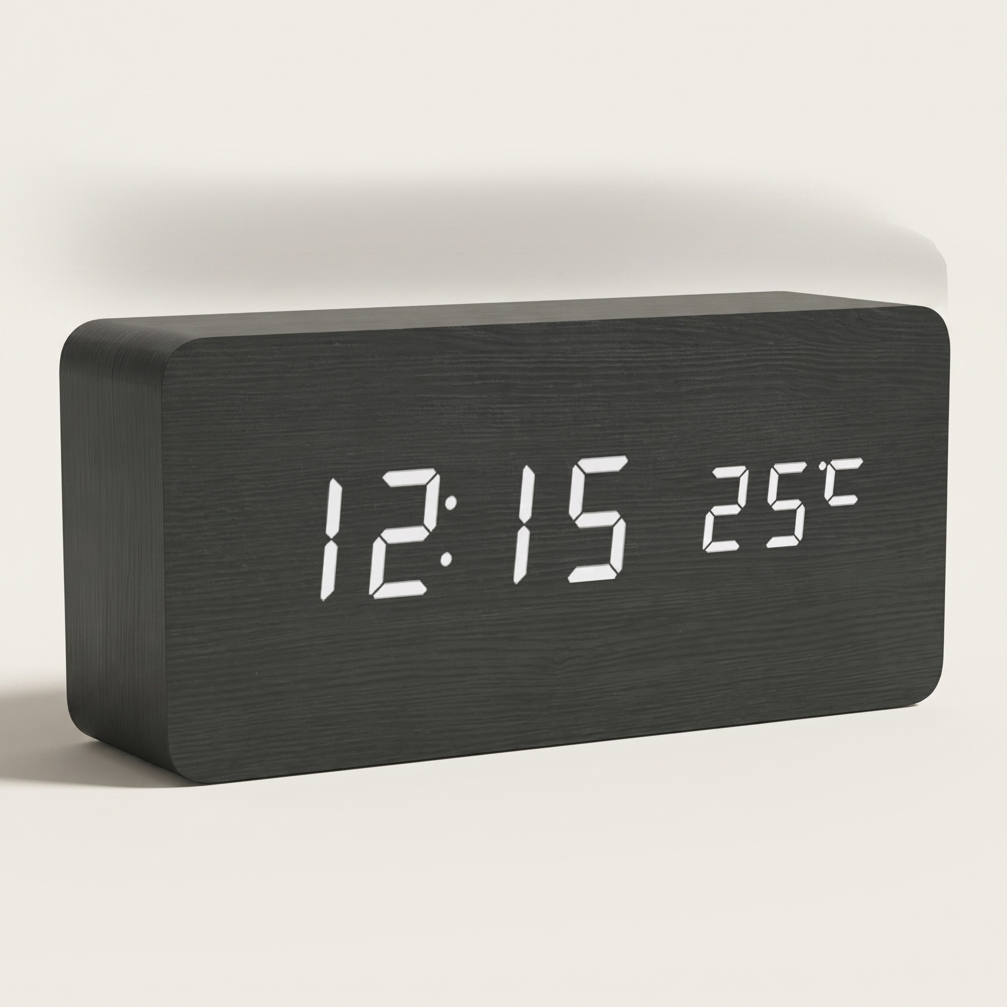 Wood-Grain Digital Alarm Clock, black — studio hero