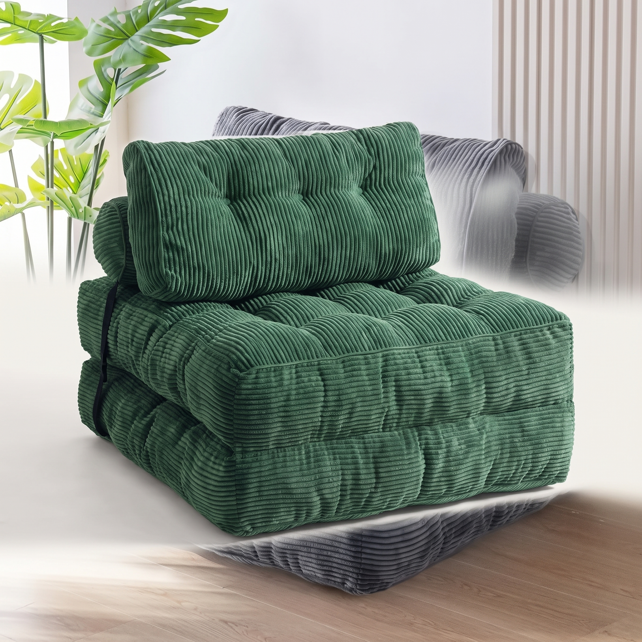 Compact corded fabric chair bed, green, white studio packshot