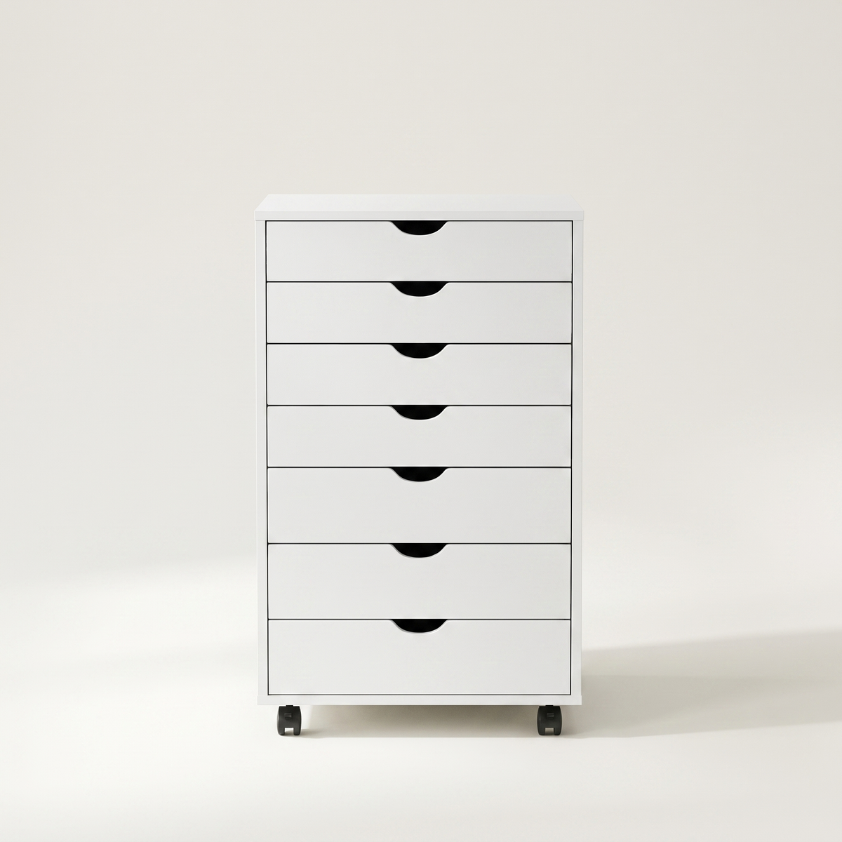 Rolling 7-drawer storage cabinet in white finish, white studio packshot