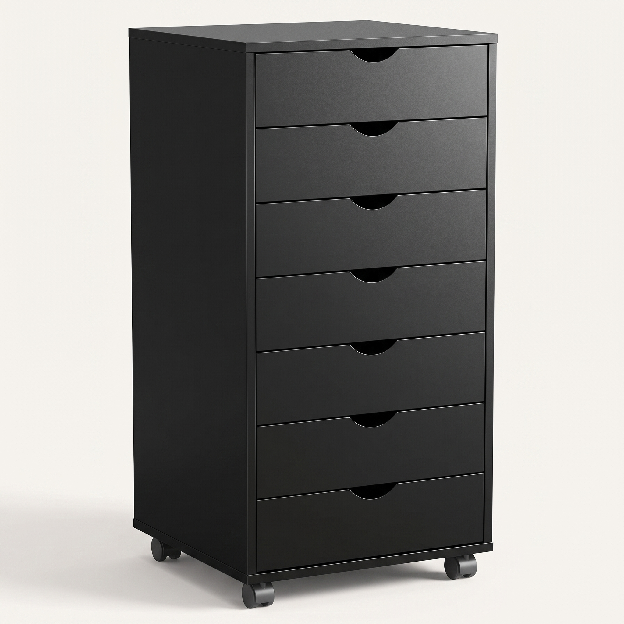 Rolling 7-drawer storage cabinet in black finish, white studio packshot