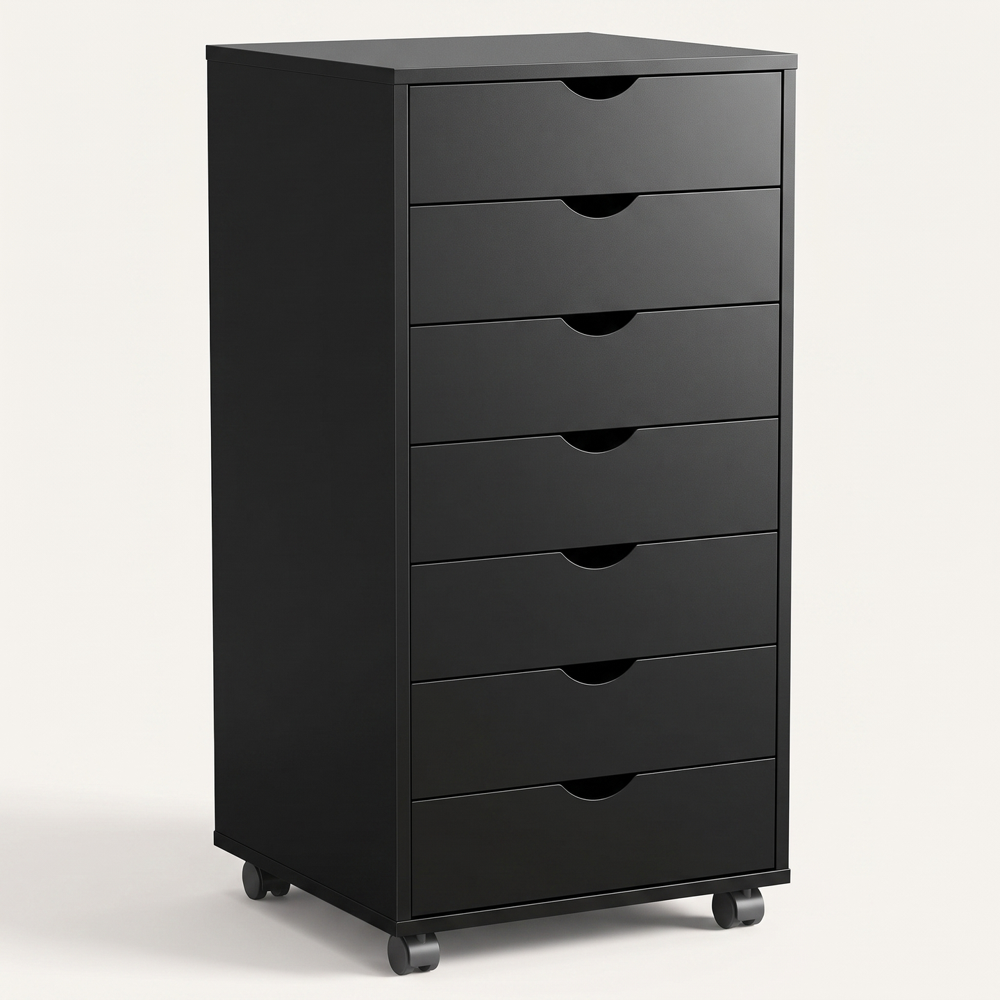 Rolling 7-drawer storage cabinet in black finish, white studio packshot