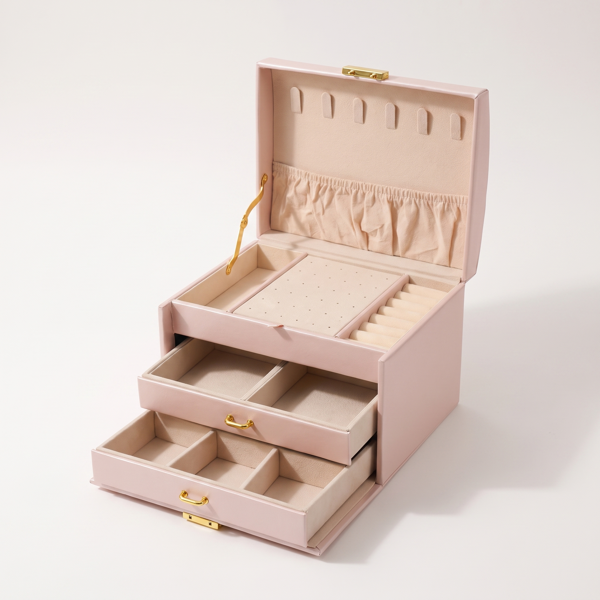 Arched three-layer jewelry box, pink finish, studio packshot