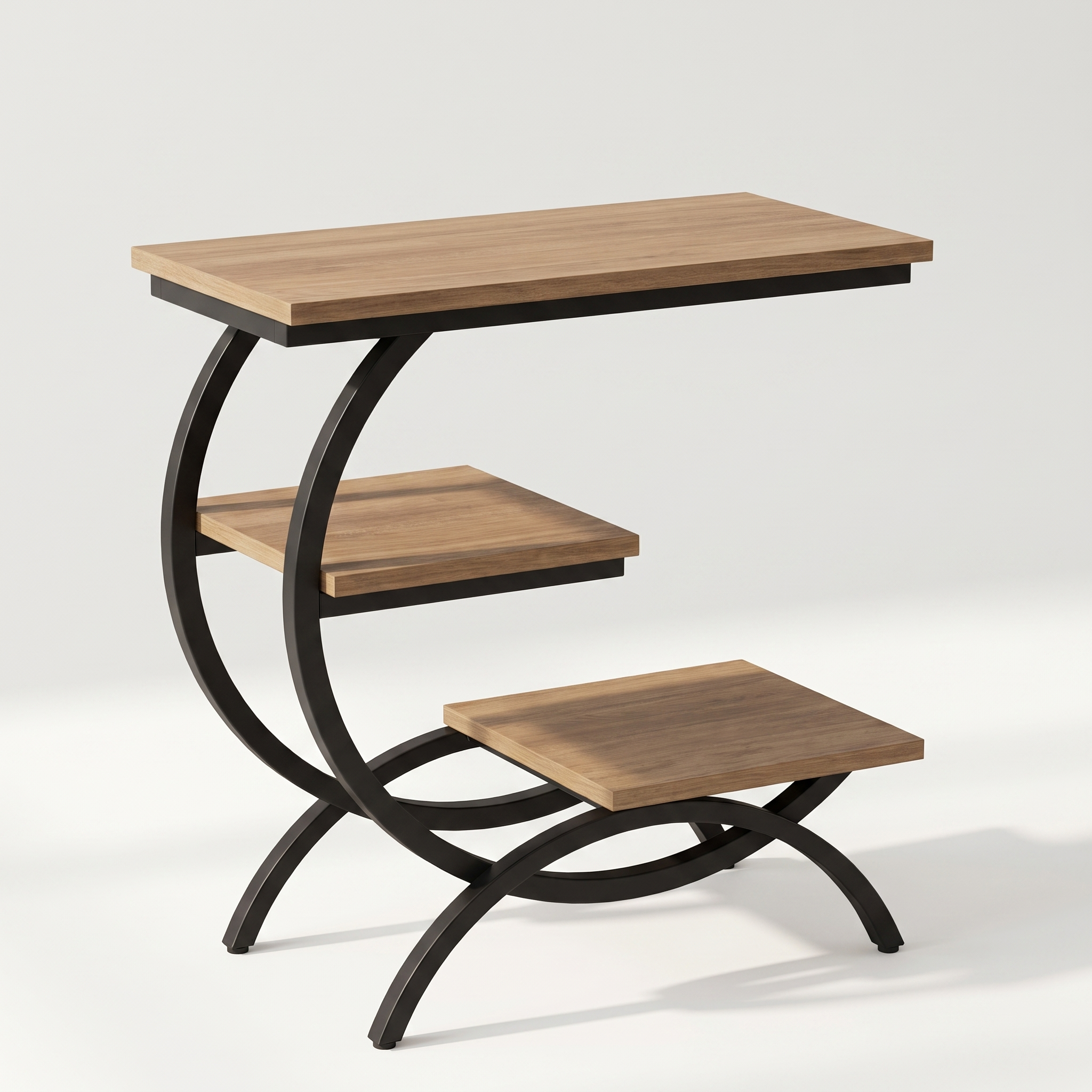 C-shaped 3-tier metal end table, light brown finish, studio packshot