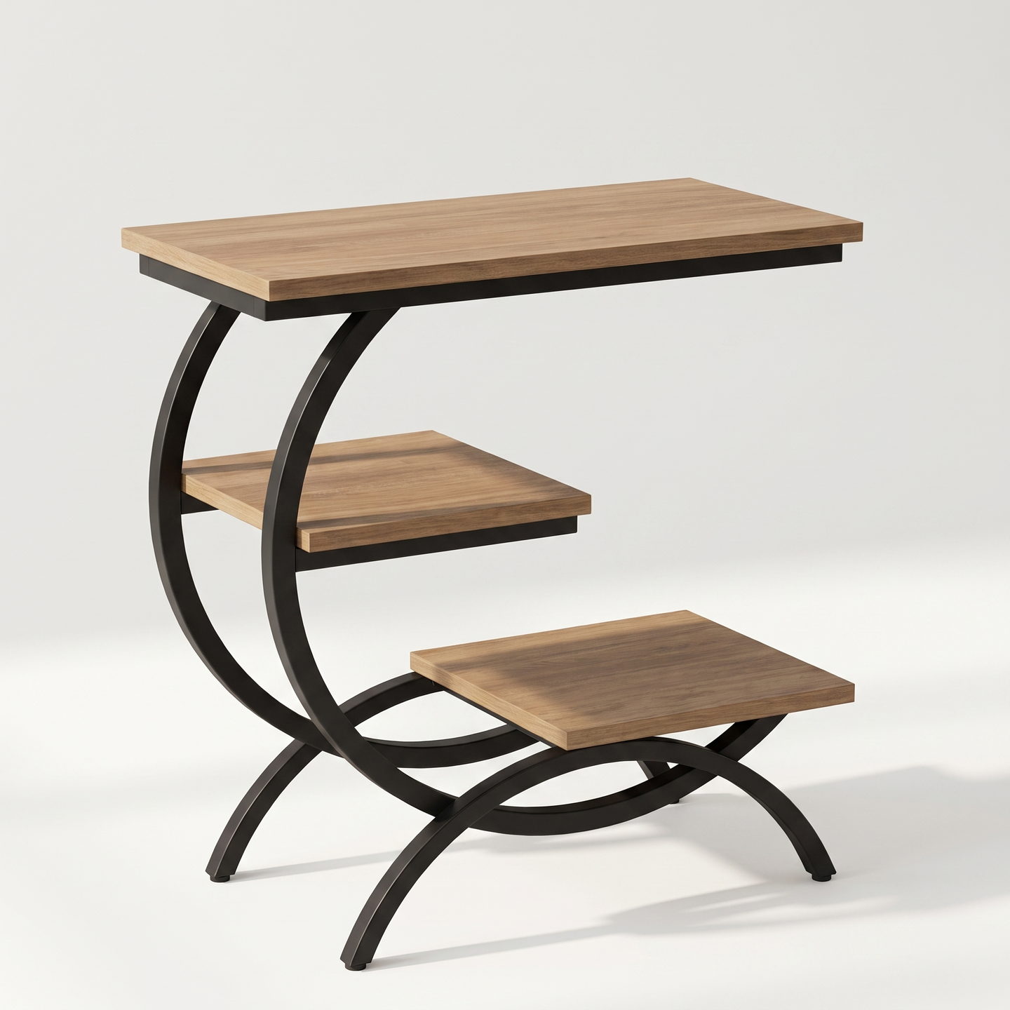 C-shaped 3-tier metal end table, light brown finish, studio packshot
