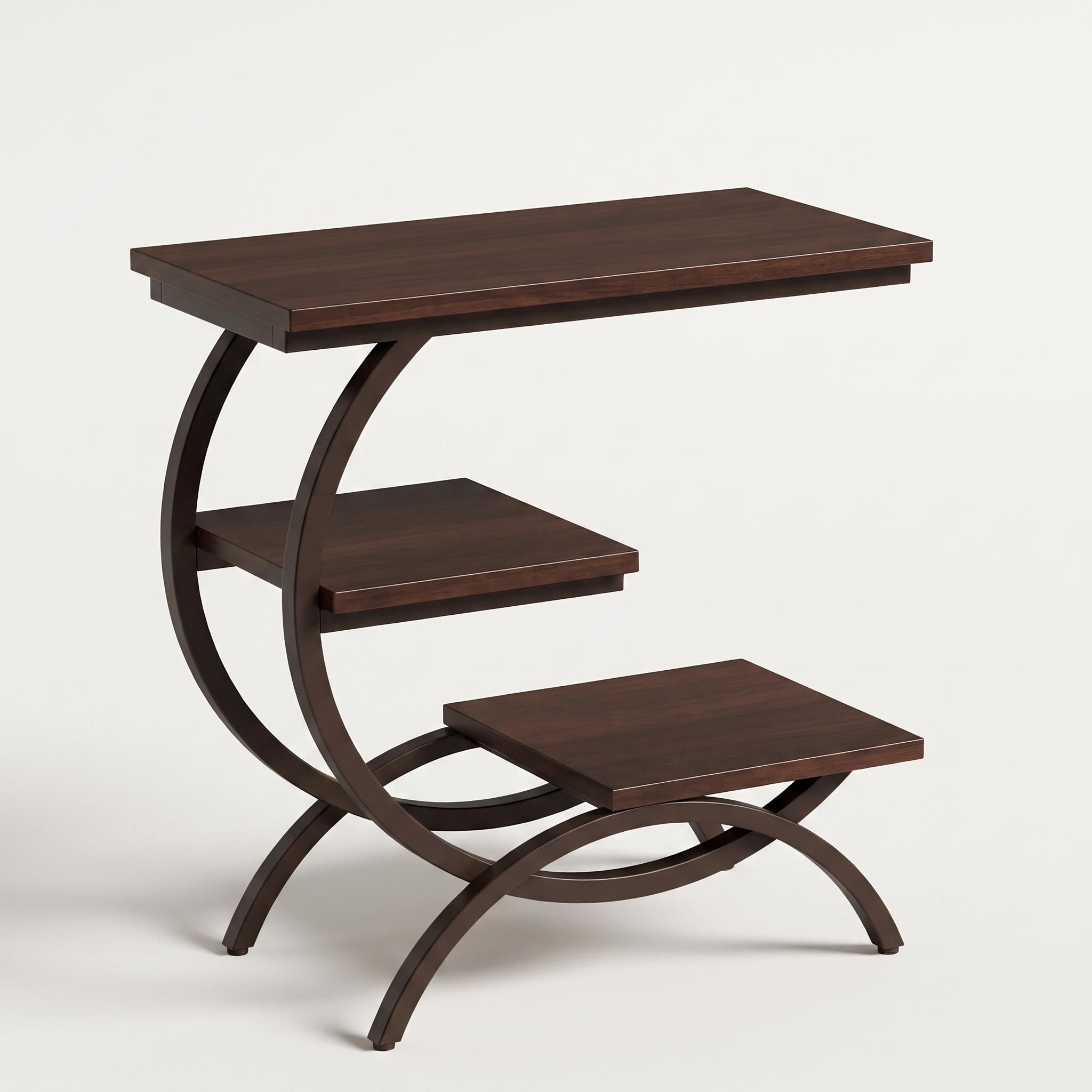 C-shaped 3-tier metal end table, chocolate finish, studio packshot