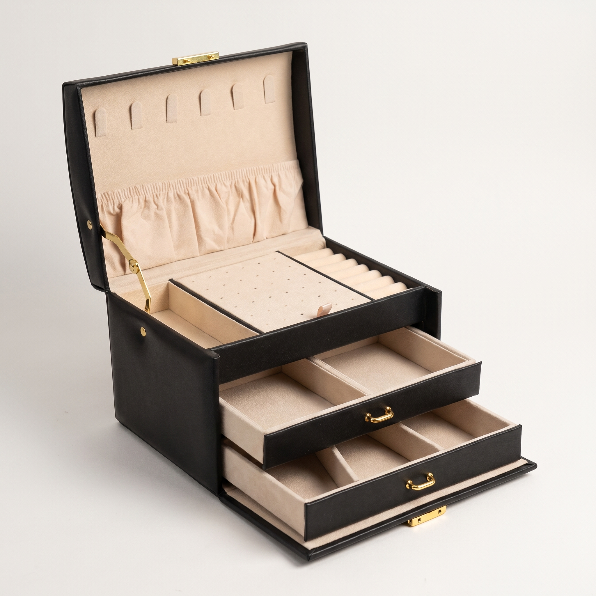 Arched three-layer jewelry box, black finish, studio packshot