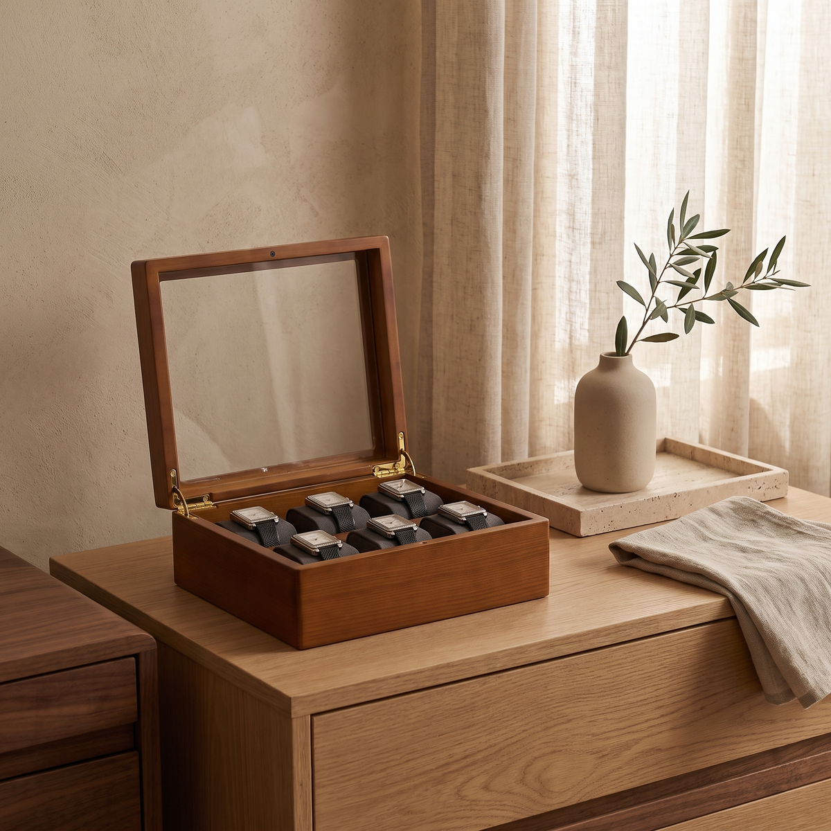 Multi-Grid Wood Watch Box, 6-slot magnetic lock — room scene
