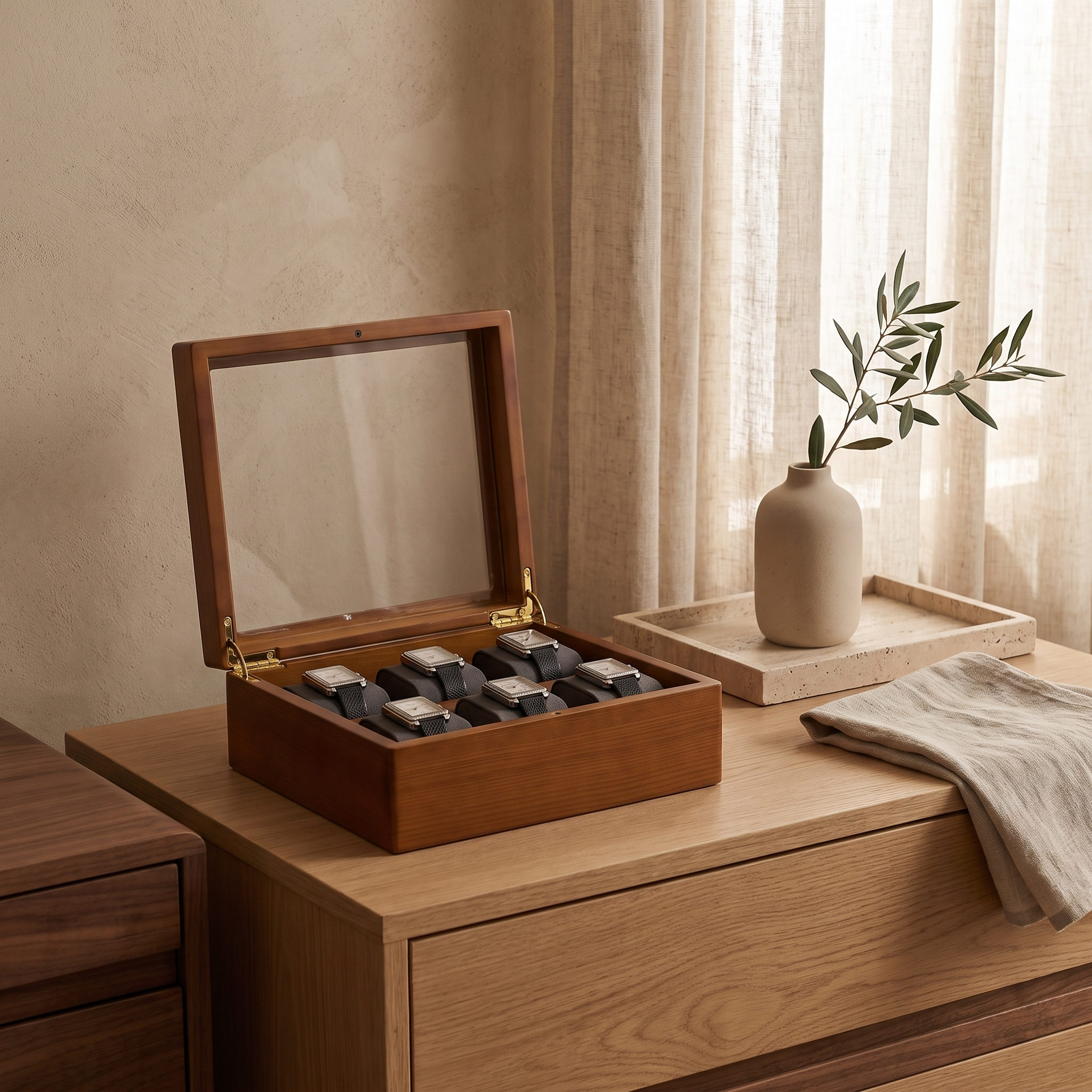 Multi-Grid Wood Watch Box, 6-slot magnetic lock — room scene