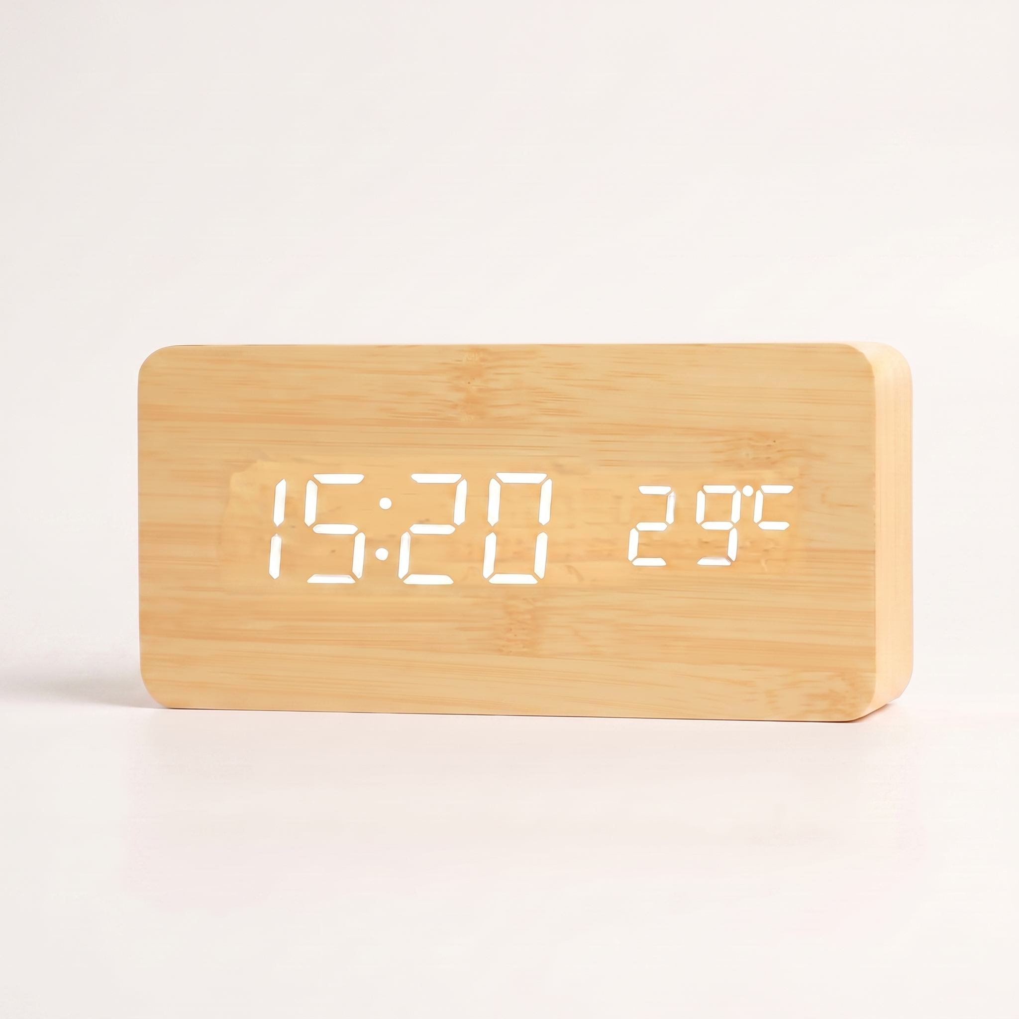 Wood-Grain Digital Alarm Clock, bamboo — detail
