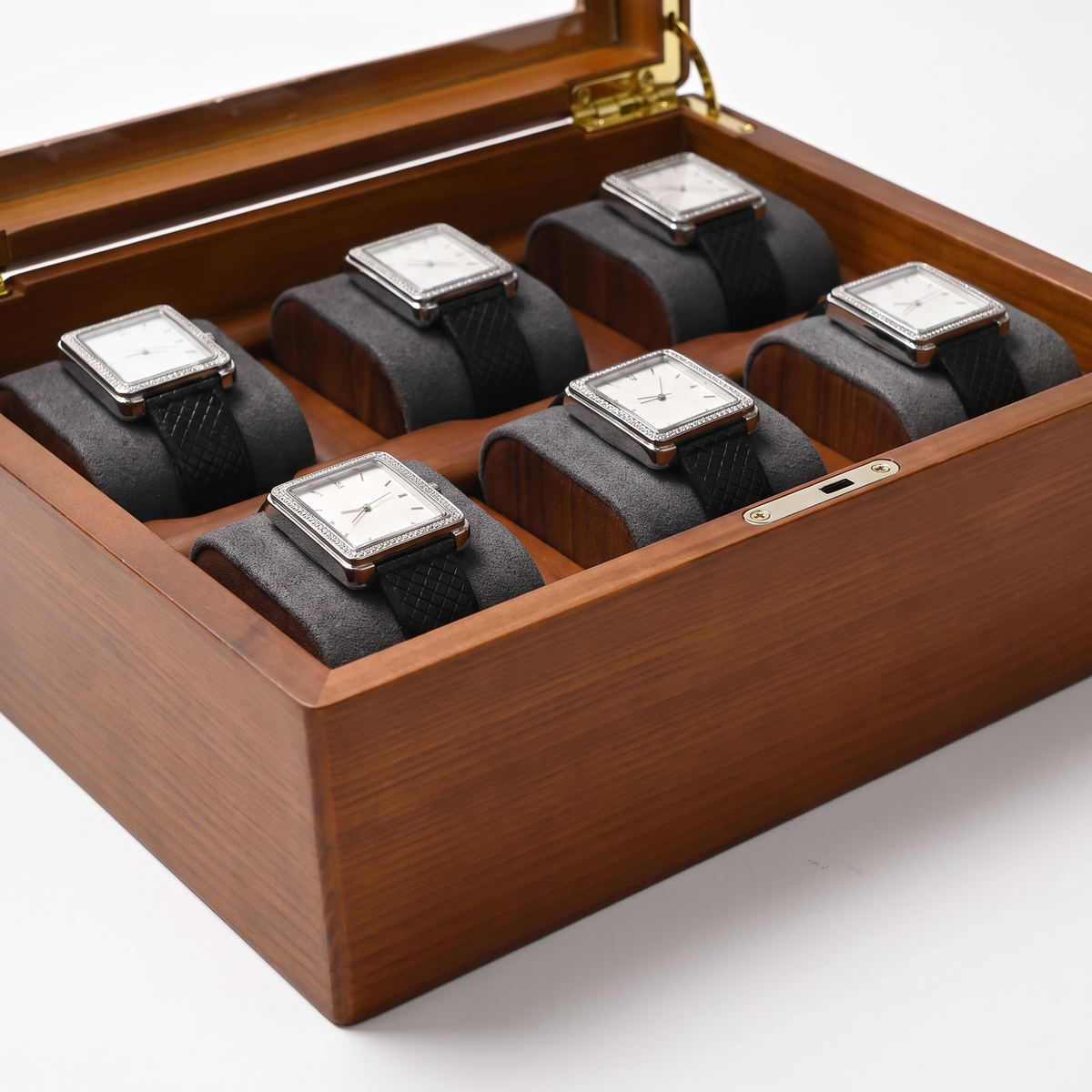 Multi-Grid Wood Watch Box, 6-slot magnetic lock — detail