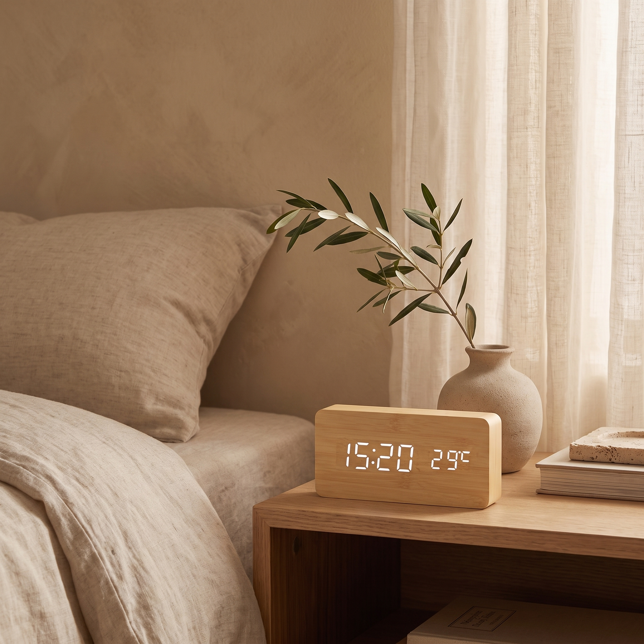 Wood-Grain Digital Alarm Clock, bamboo — room scene
