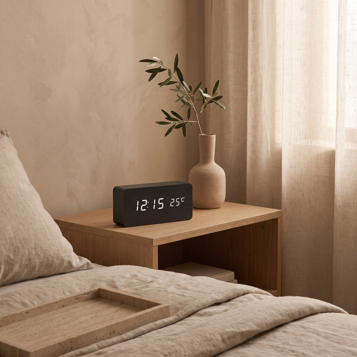 Wood-Grain Digital Alarm Clock, black — room scene