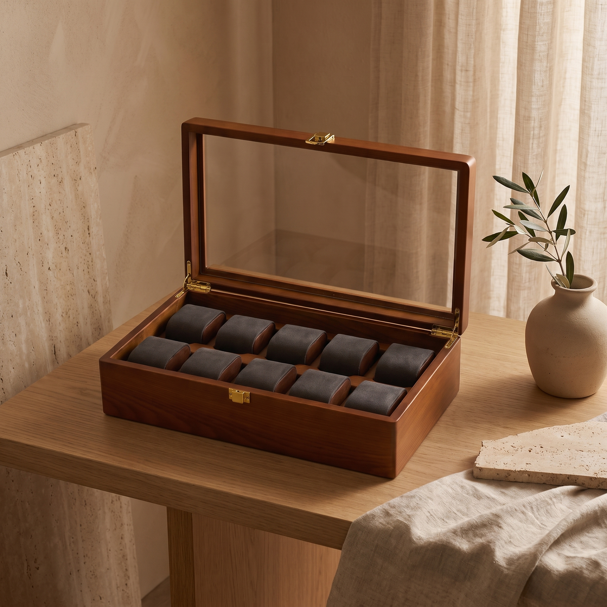 Multi-Grid Wood Watch Box, 10-slot buckle lock — room scene
