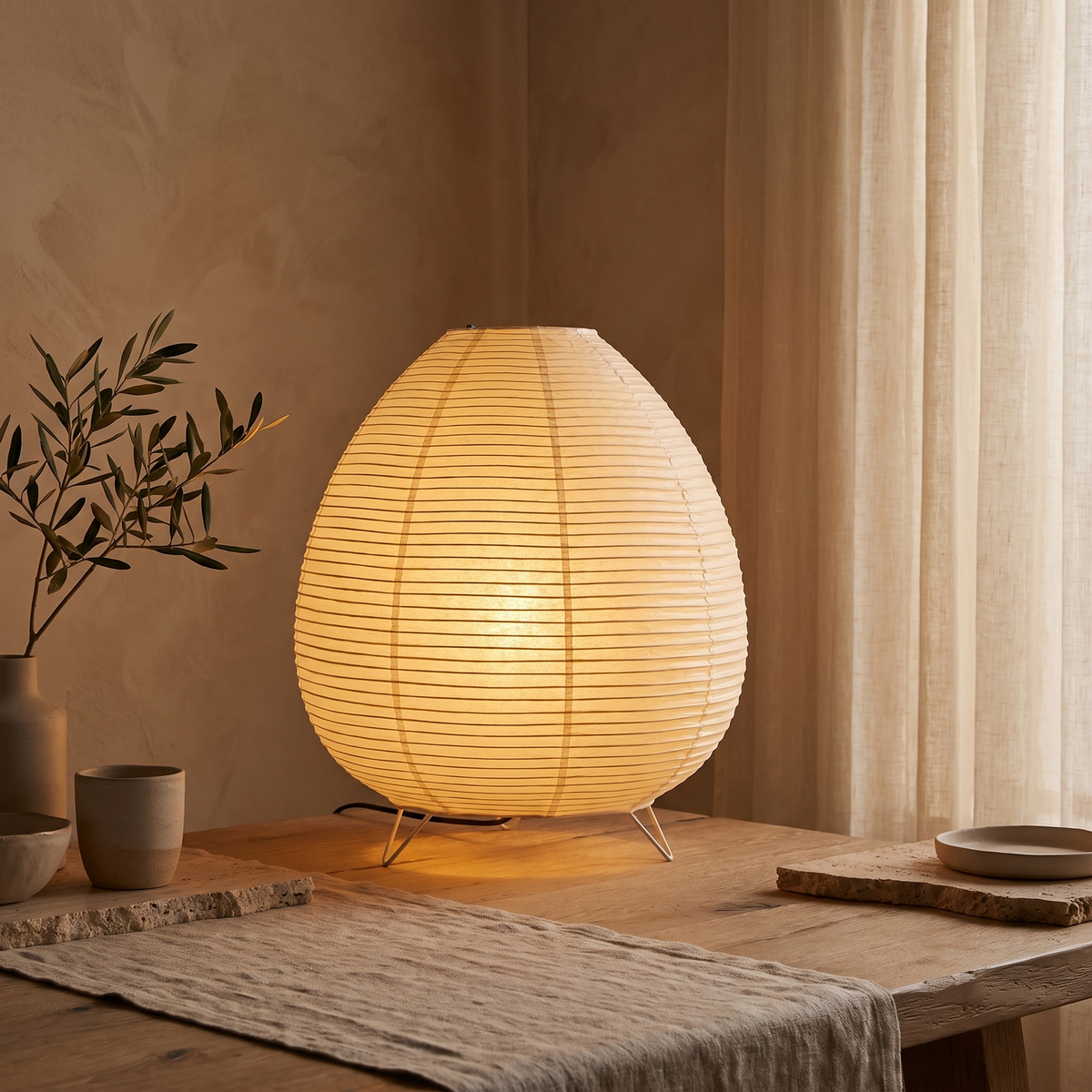 Rice Paper Lantern Table Lamp — lit room scene