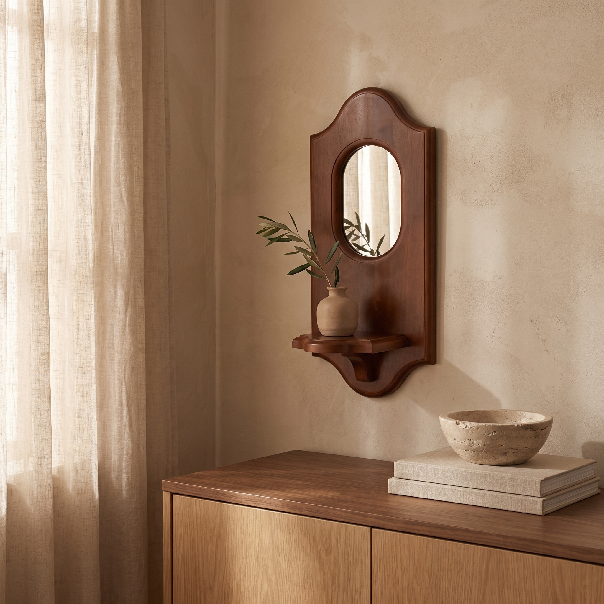 Wood Wall Mirror & Candle Shelf — room scene