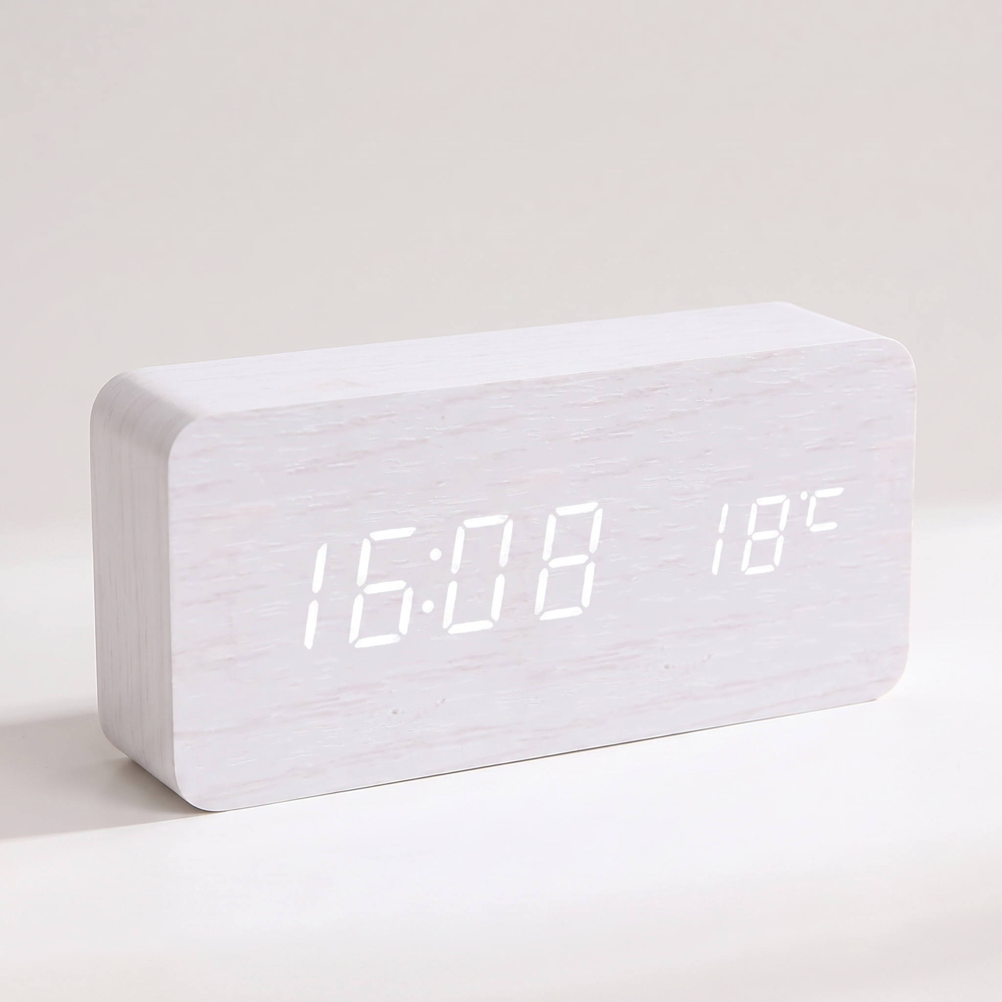 Wood-Grain Digital Alarm Clock, white — detail