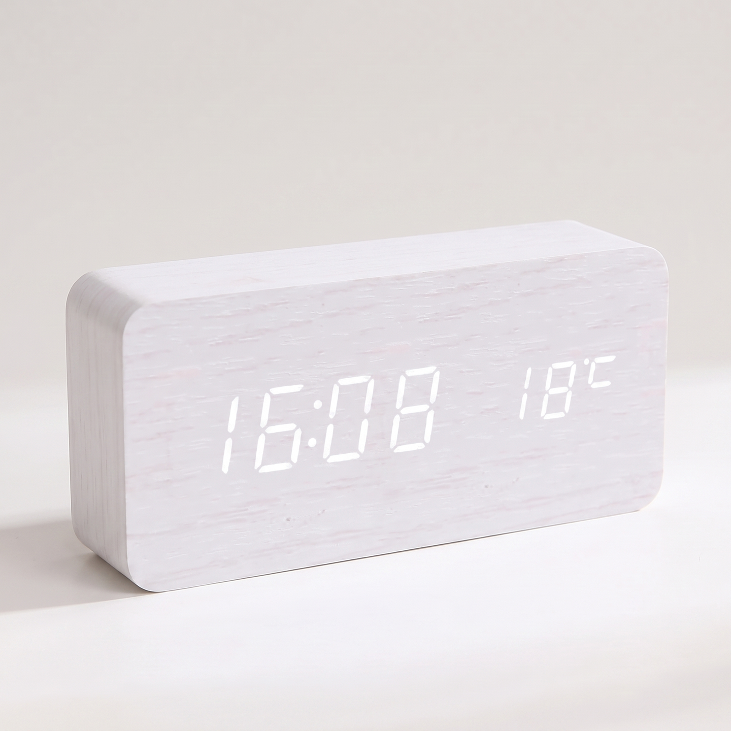 Wood-Grain Digital Alarm Clock, white — detail