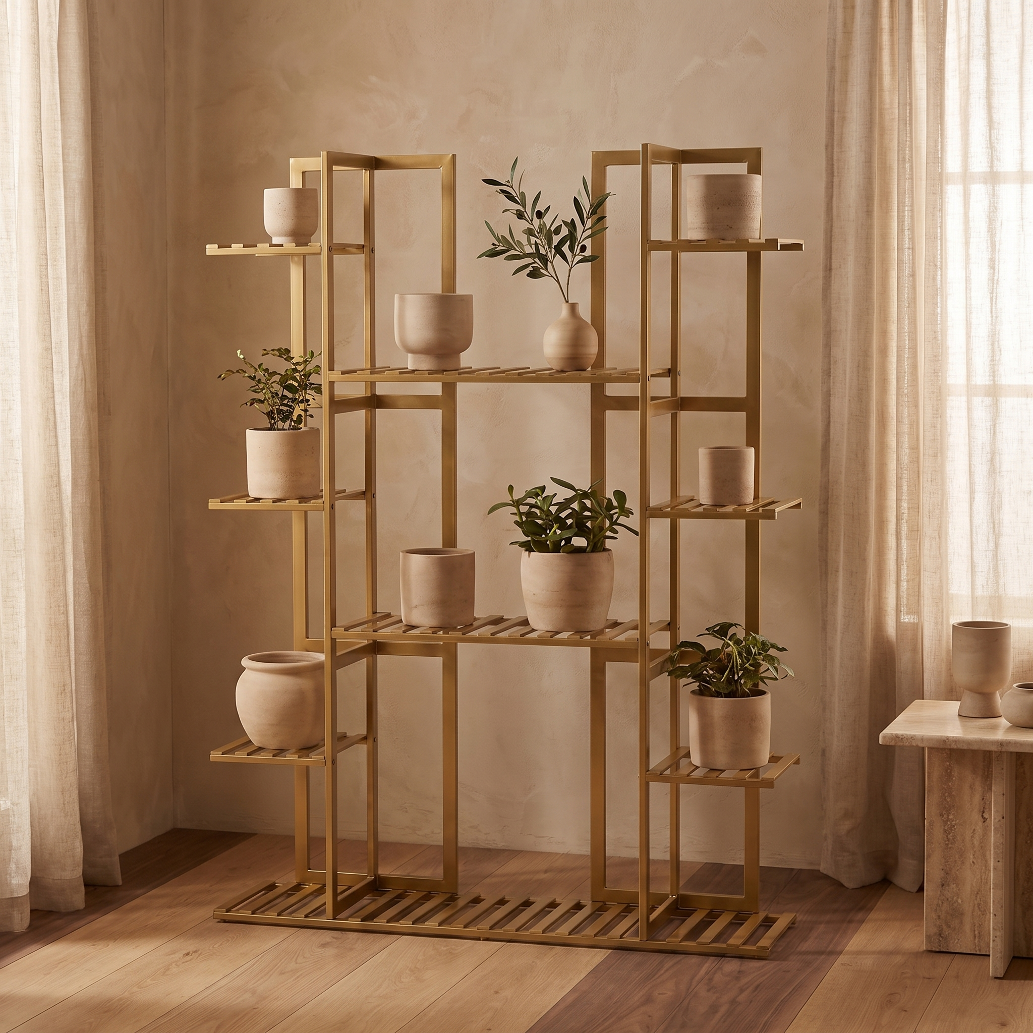 Multi-tier bamboo plant stand, Gold finish, styled in a warm room scene