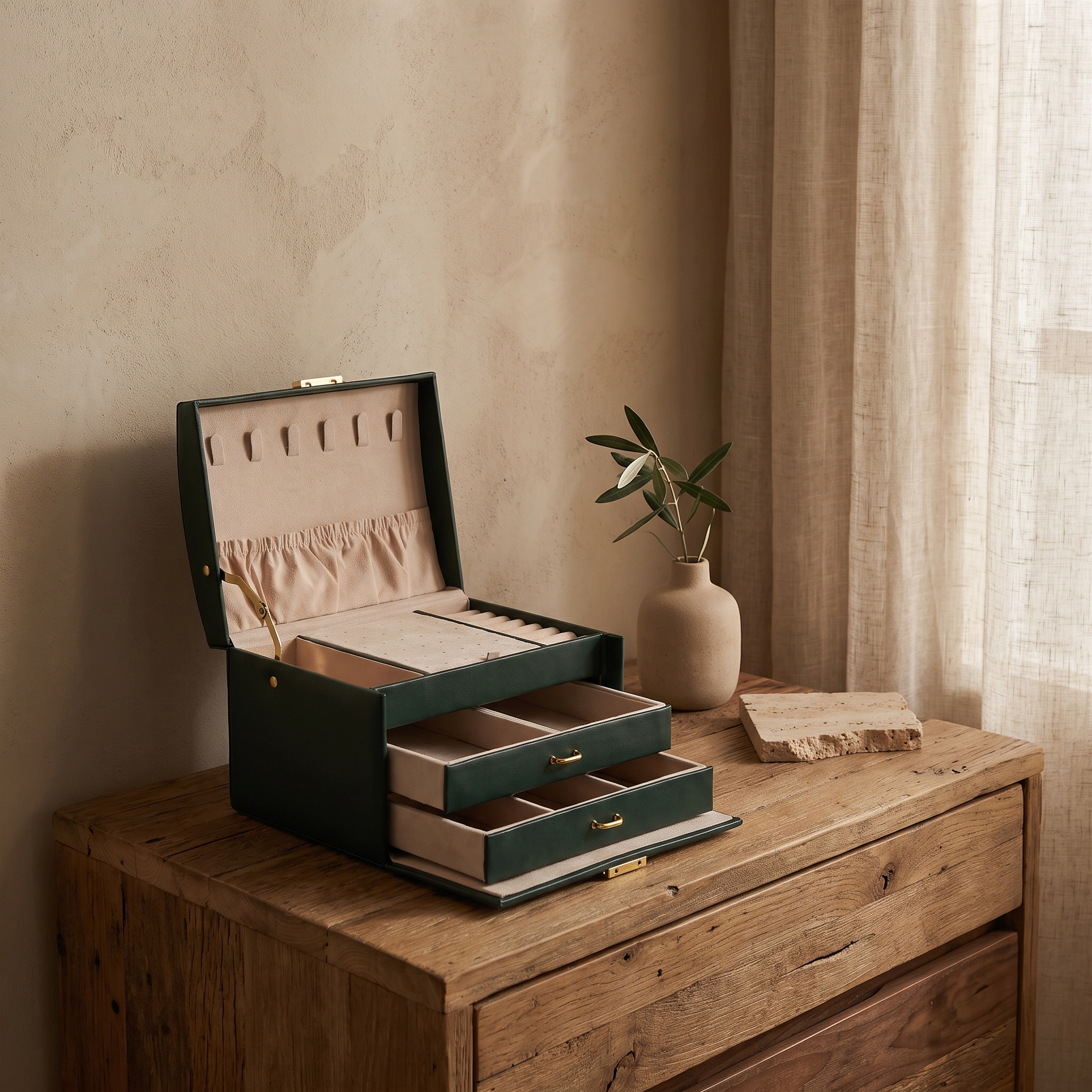 Arched three-layer jewelry box, green finish, styled in a room scene