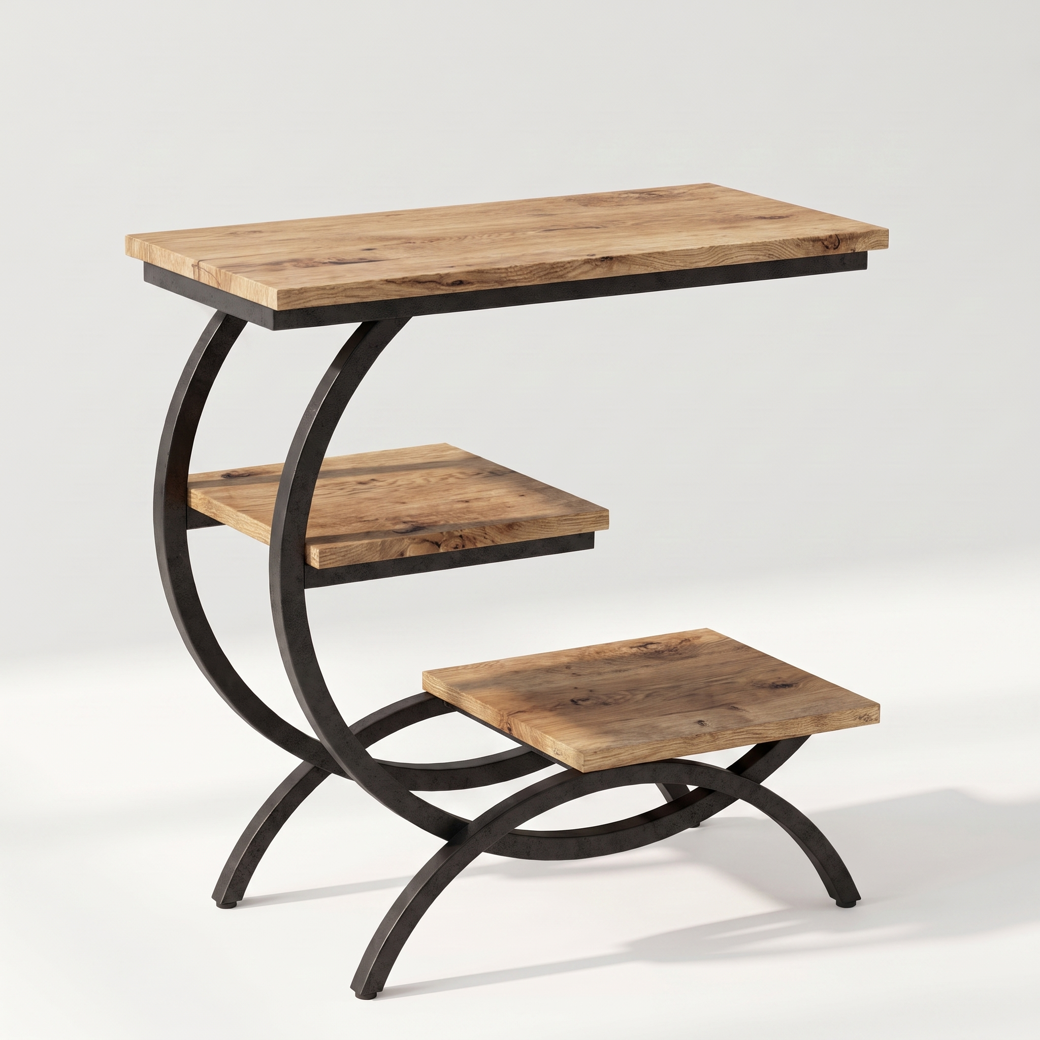 C-shaped 3-tier metal end table, light brown finish, detail view