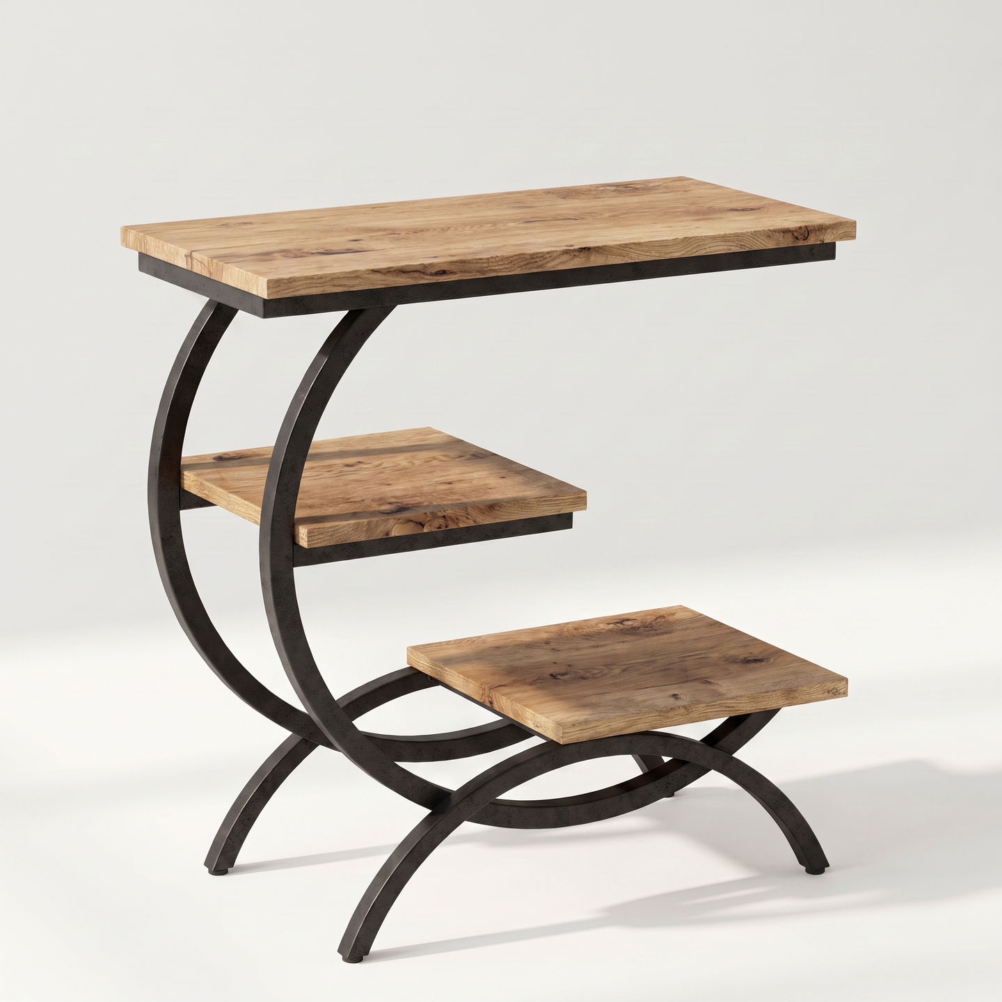 C-shaped 3-tier metal end table, light brown finish, detail view