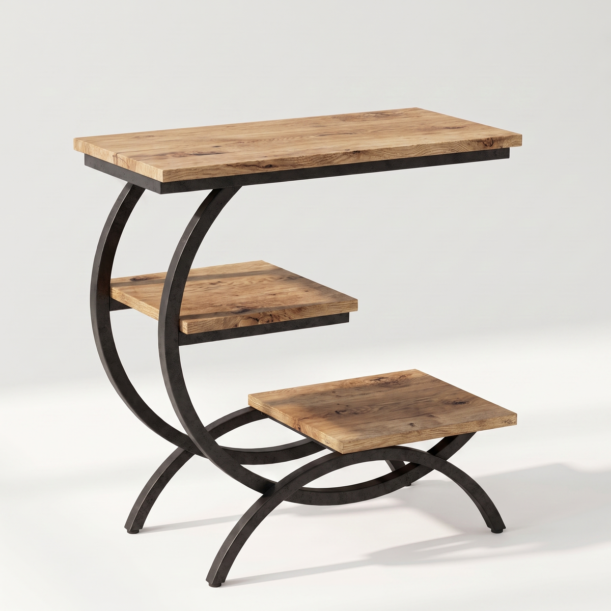 C-shaped 3-tier metal end table, light brown finish, detail view