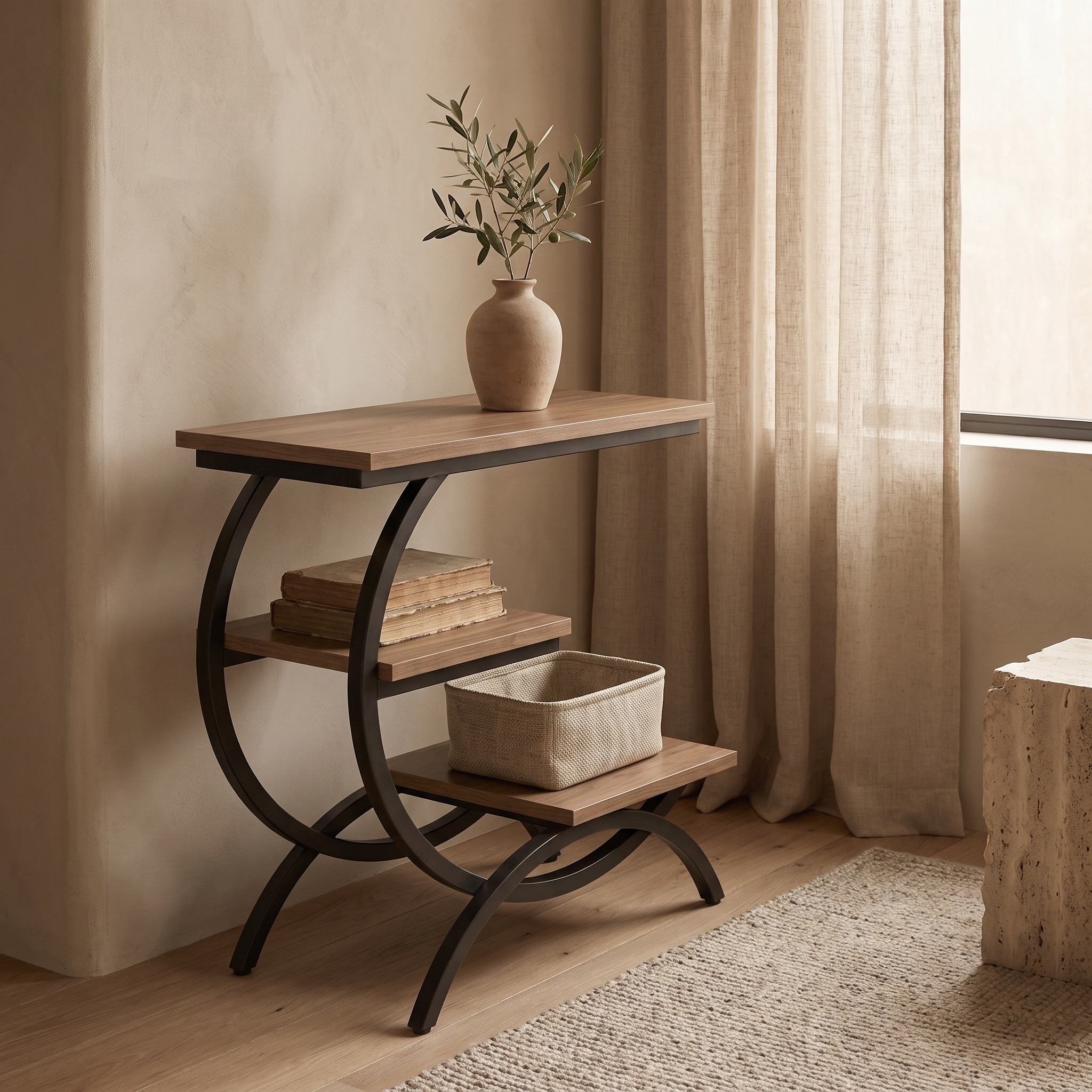 C-shaped 3-tier metal end table, light brown finish, styled in a room scene