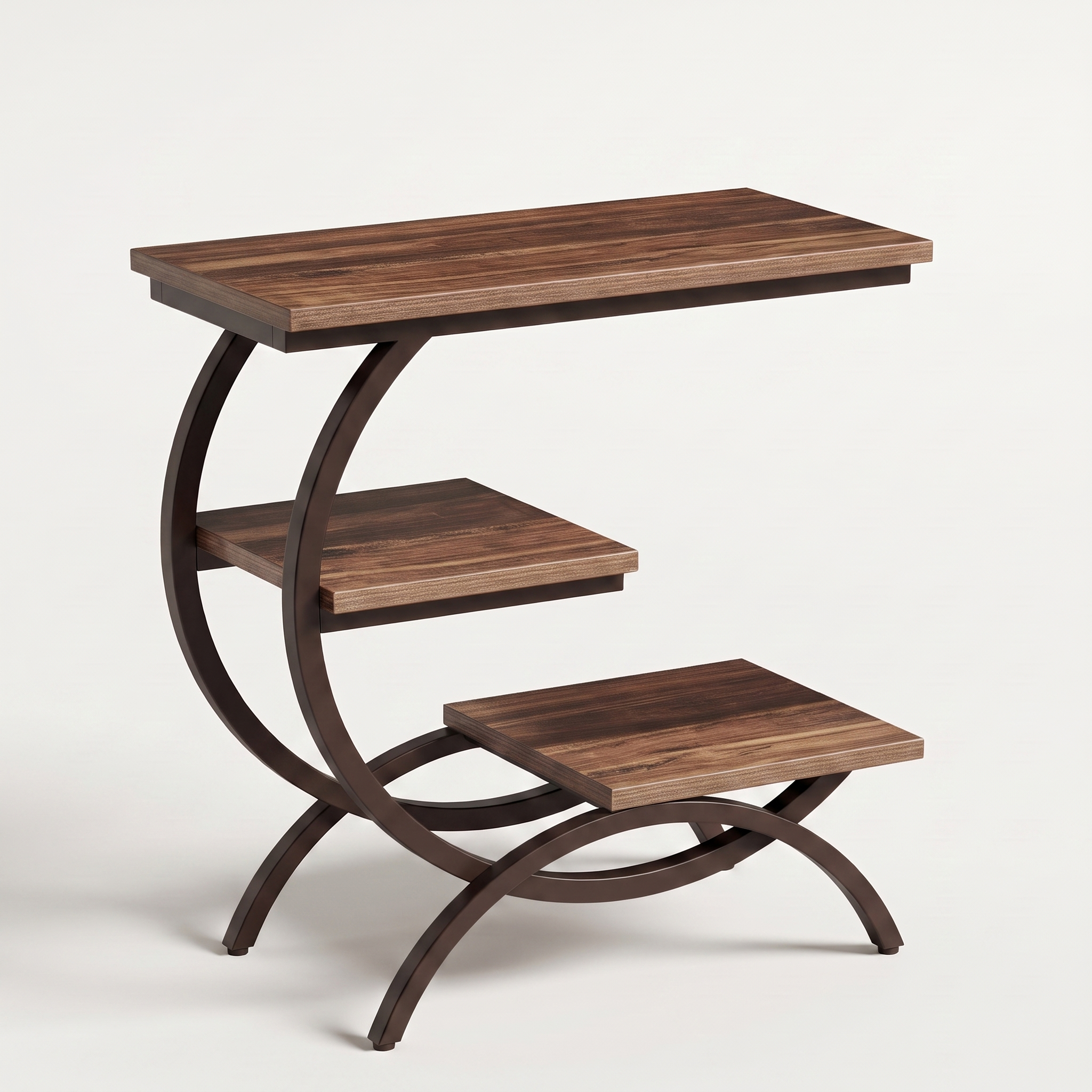 C-shaped 3-tier metal end table, chocolate finish, detail view