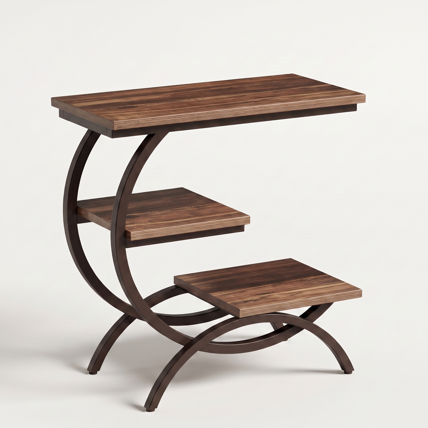 C-shaped 3-tier metal end table, chocolate finish, detail view