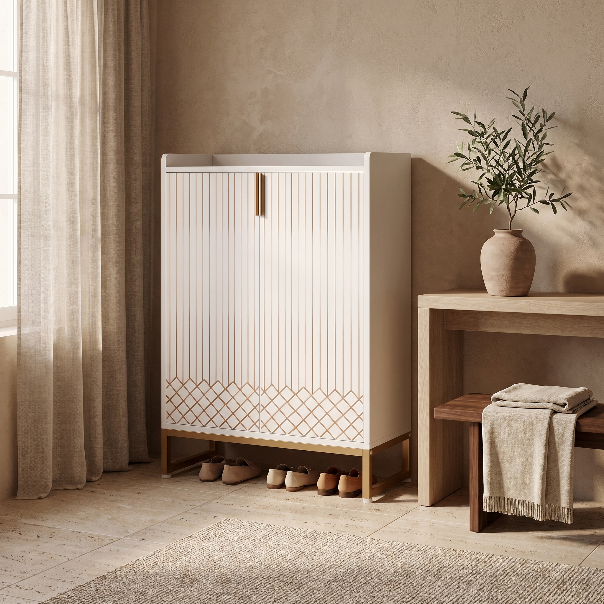 Enclosed 5-tier shoe cabinet in white finish, styled in a warm room setting