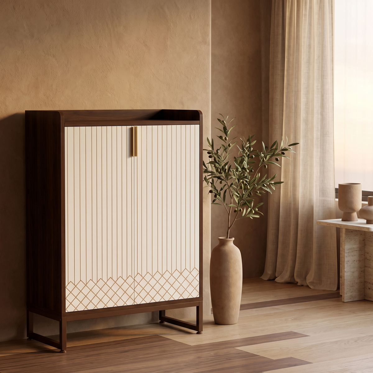 Enclosed 5-tier shoe cabinet in chocolate finish, styled in a warm room setting