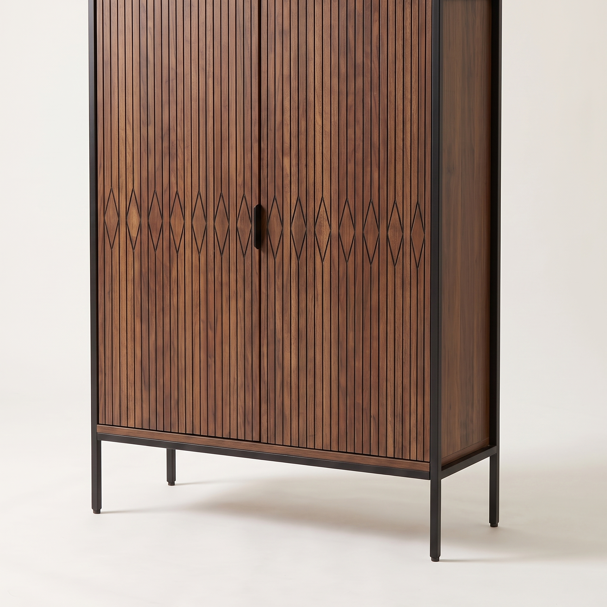 Enclosed 5-tier shoe cabinet in brown finish, close-up detail view