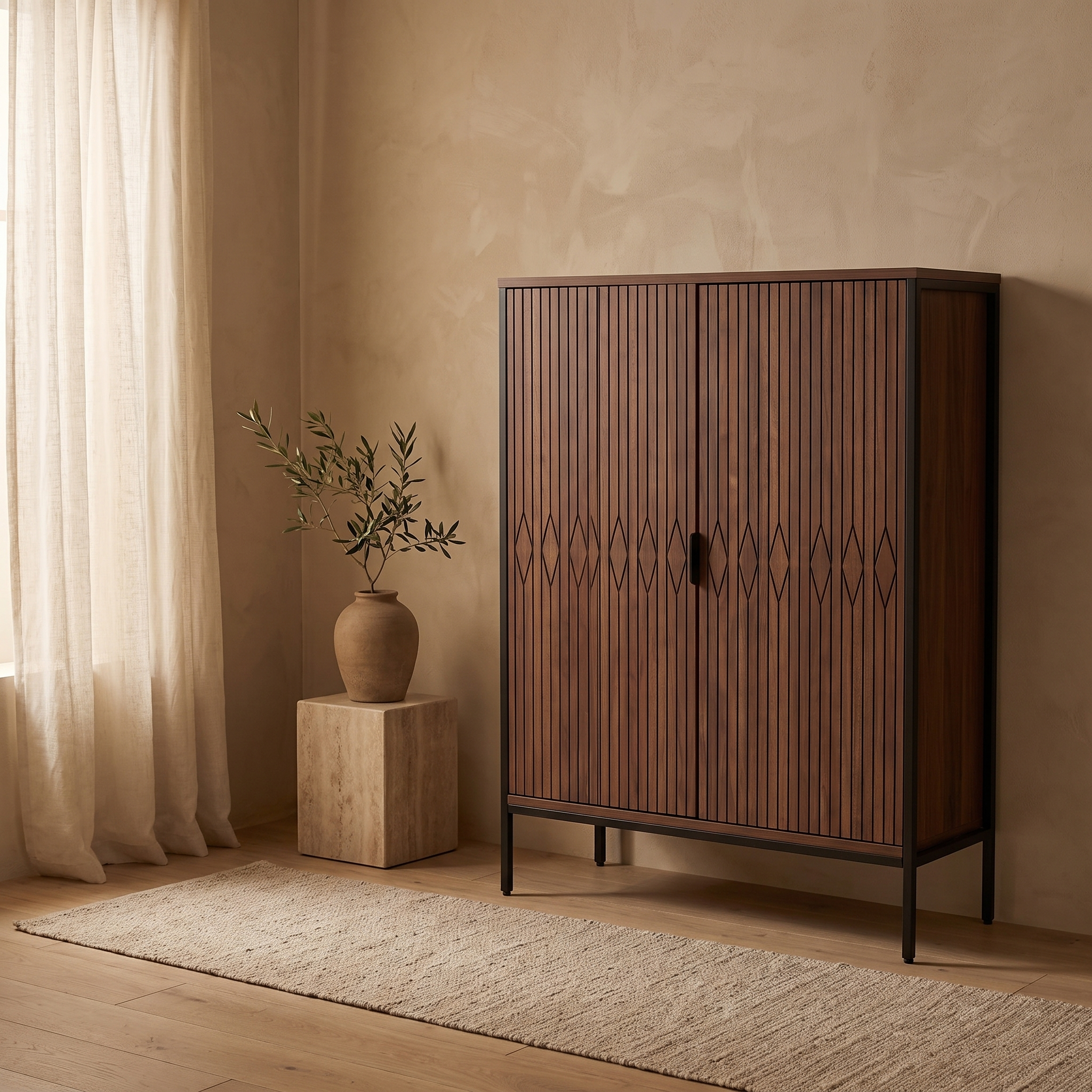 Enclosed 5-tier shoe cabinet in brown finish, styled in a warm room setting