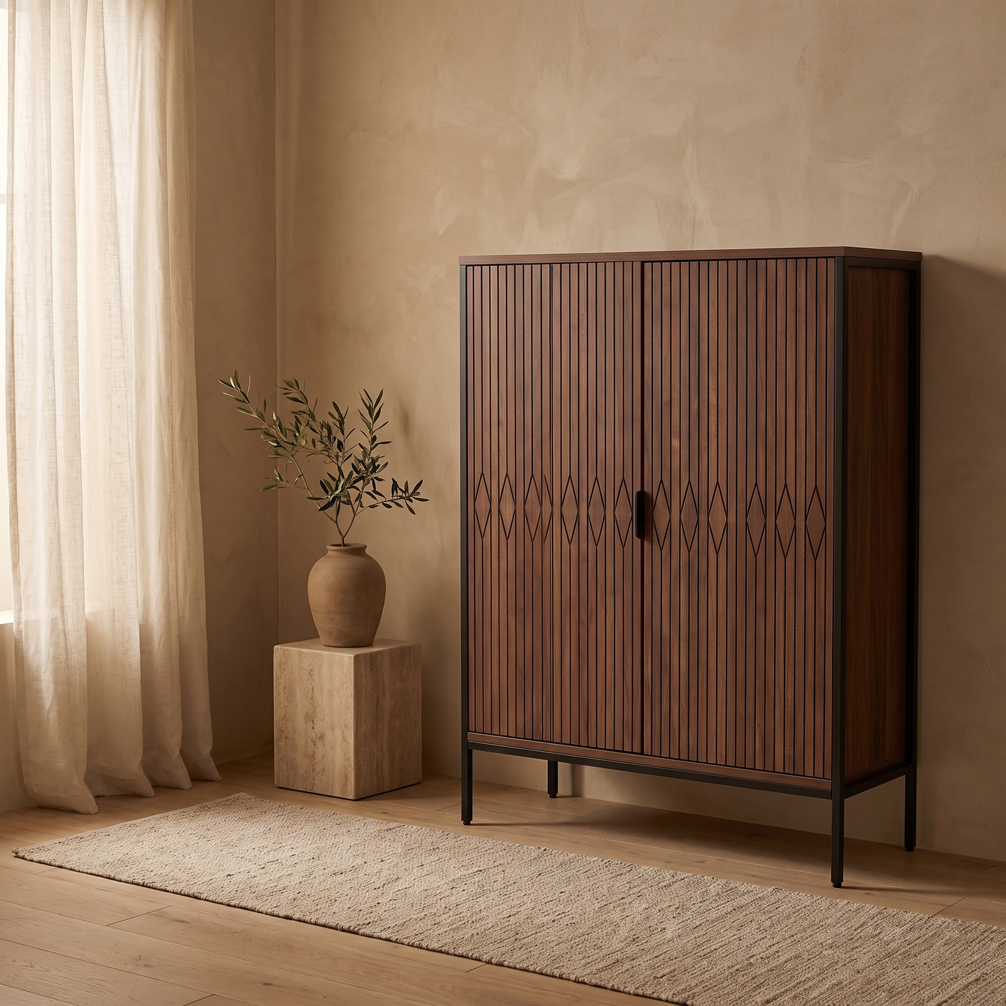 Enclosed 5-tier shoe cabinet in brown finish, styled in a warm room setting