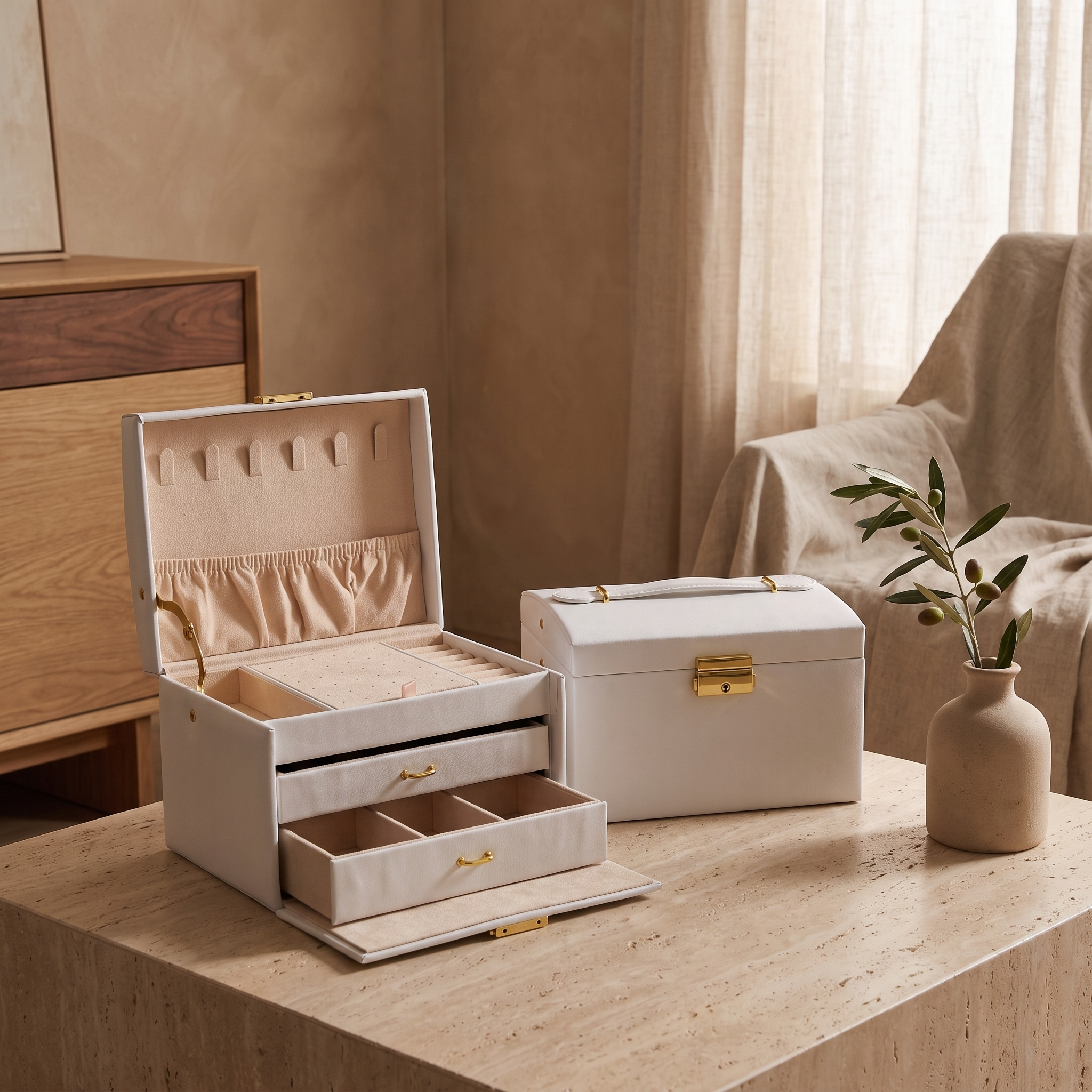 Arched three-layer jewelry box, white finish, styled in a room scene
