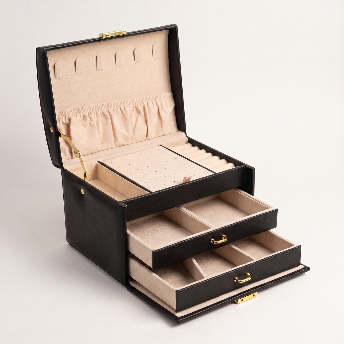 Arched three-layer jewelry box, black finish, detail view