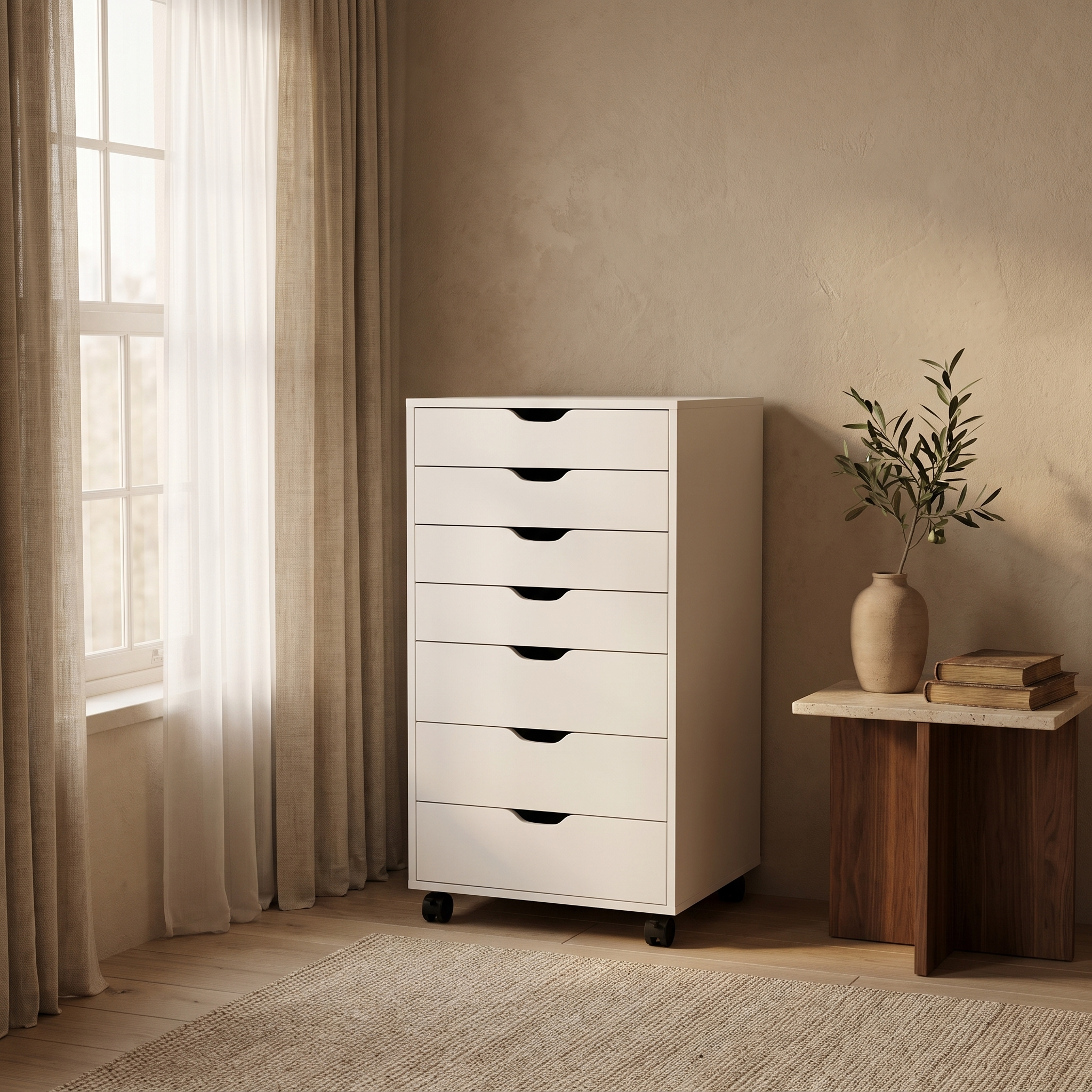 Rolling 7-drawer storage cabinet in white finish, styled in a warm room setting
