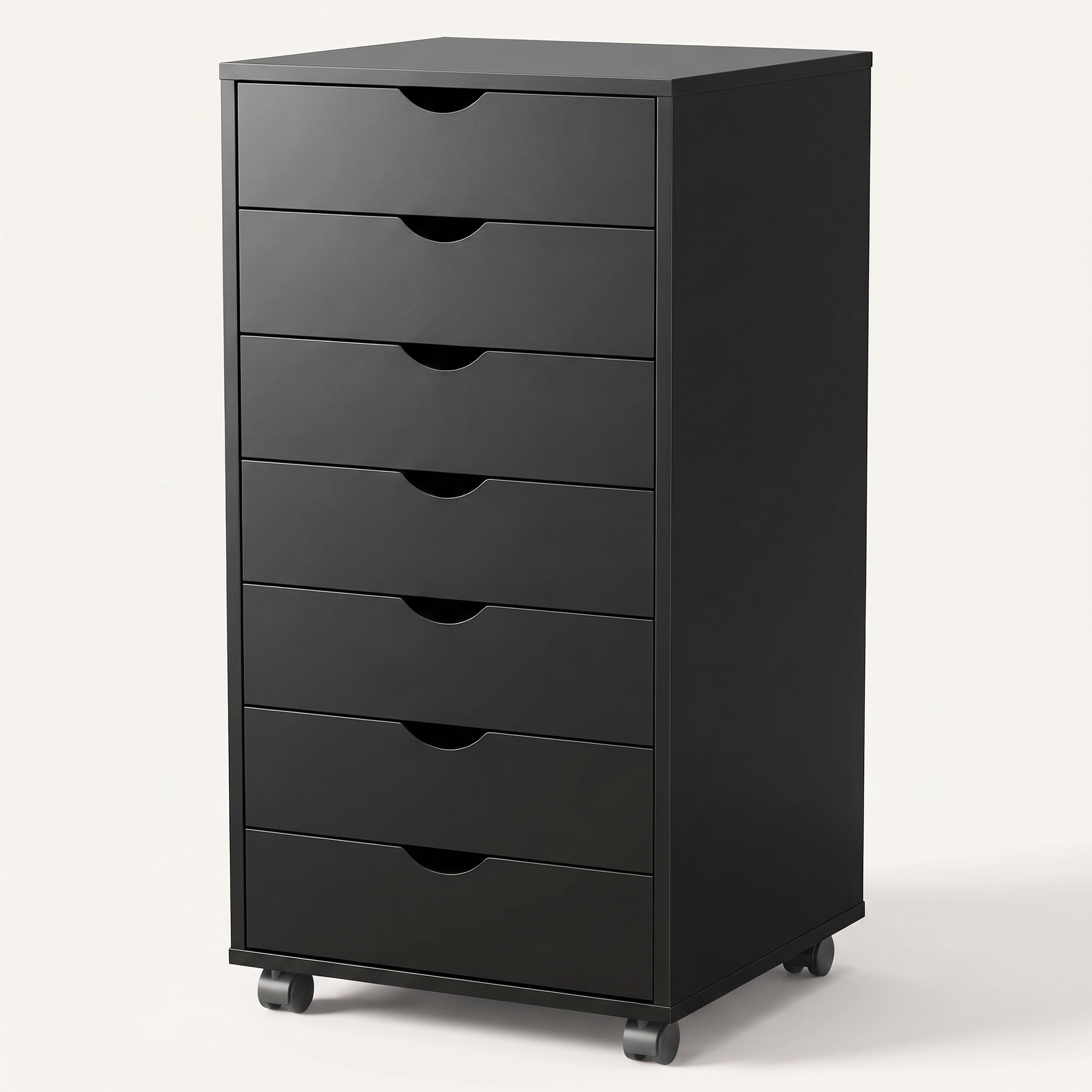 Rolling 7-drawer storage cabinet in black finish, close-up detail view
