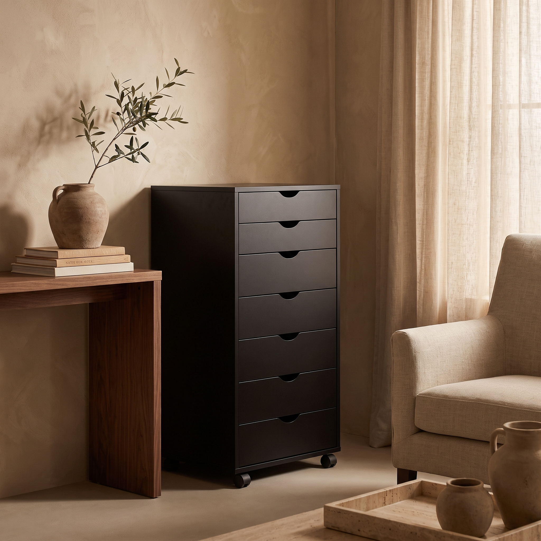 Rolling 7-drawer storage cabinet in black finish, styled in a warm room setting
