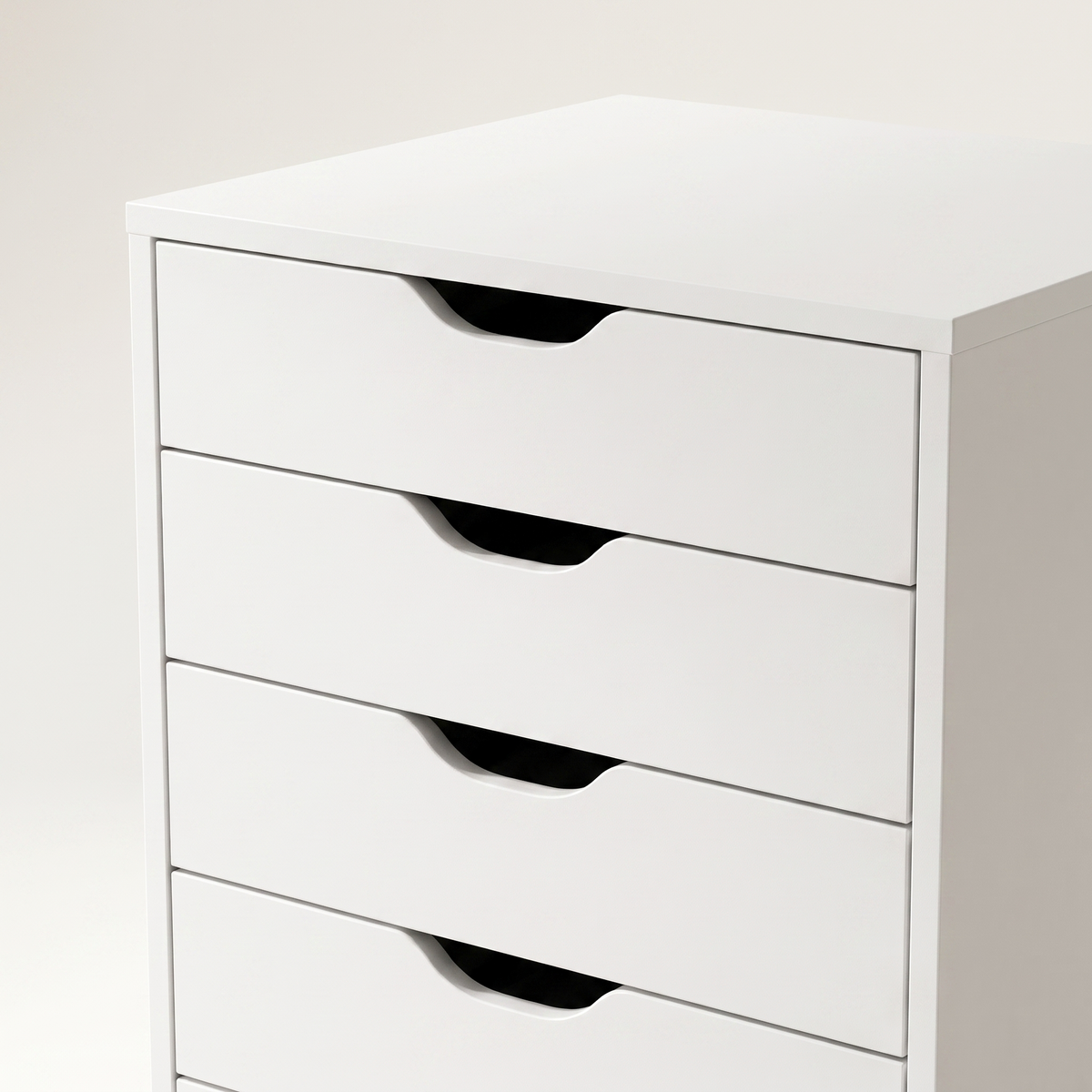Rolling 7-drawer storage cabinet in white finish, close-up detail view