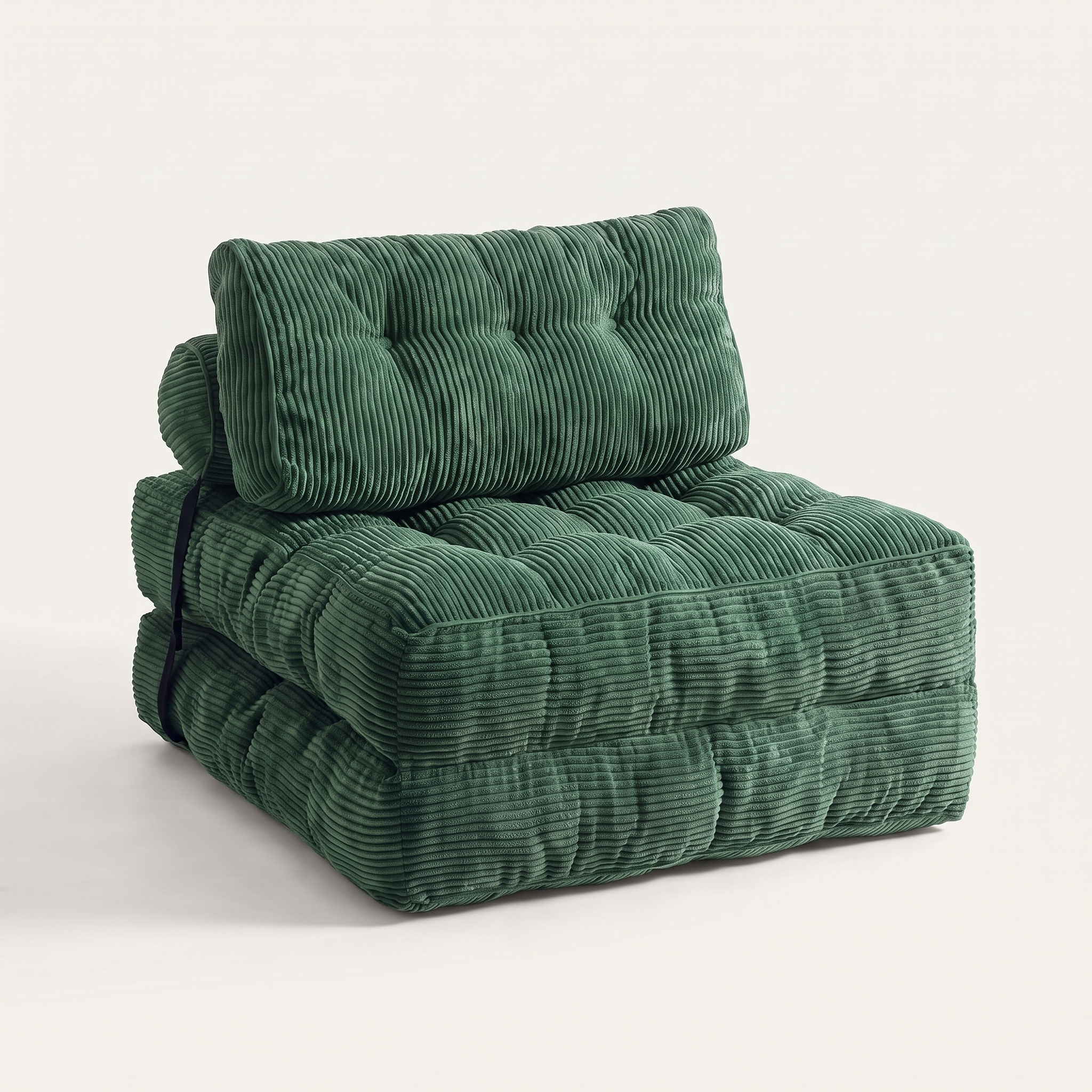 Compact corded fabric chair bed, green, close detail view