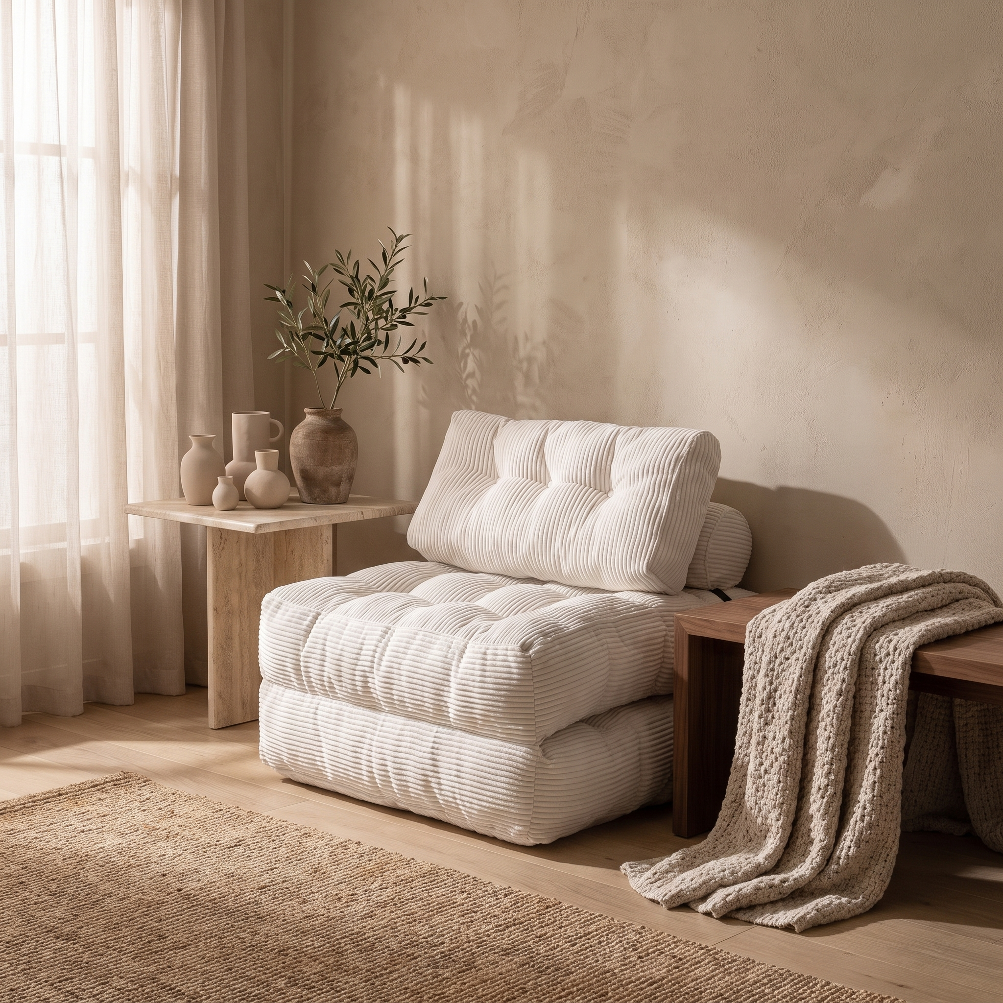 Compact corded fabric chair bed, white, styled in a warm room scene