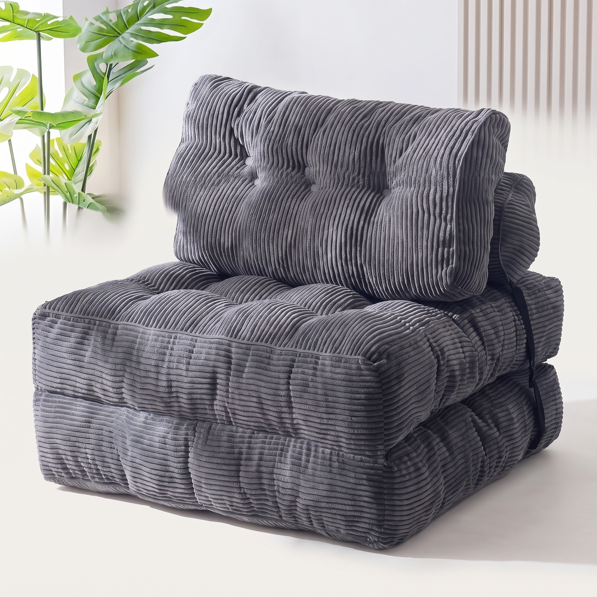Compact corded fabric chair bed, grey, close detail view