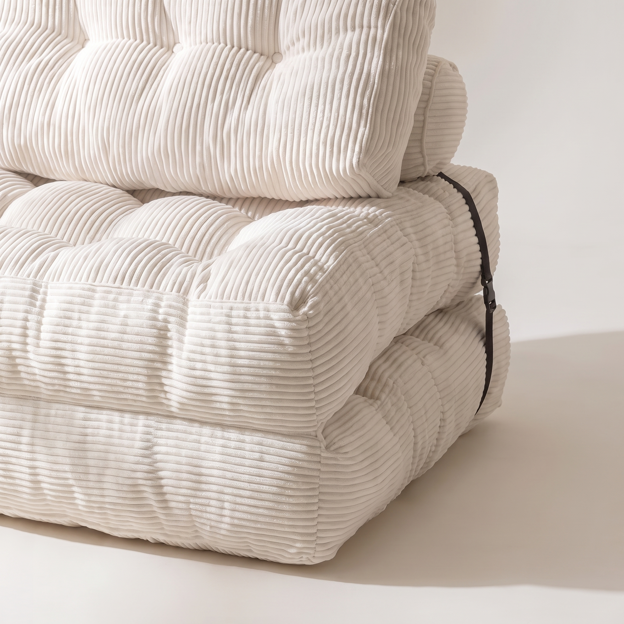 Compact corded fabric chair bed, white, close detail view