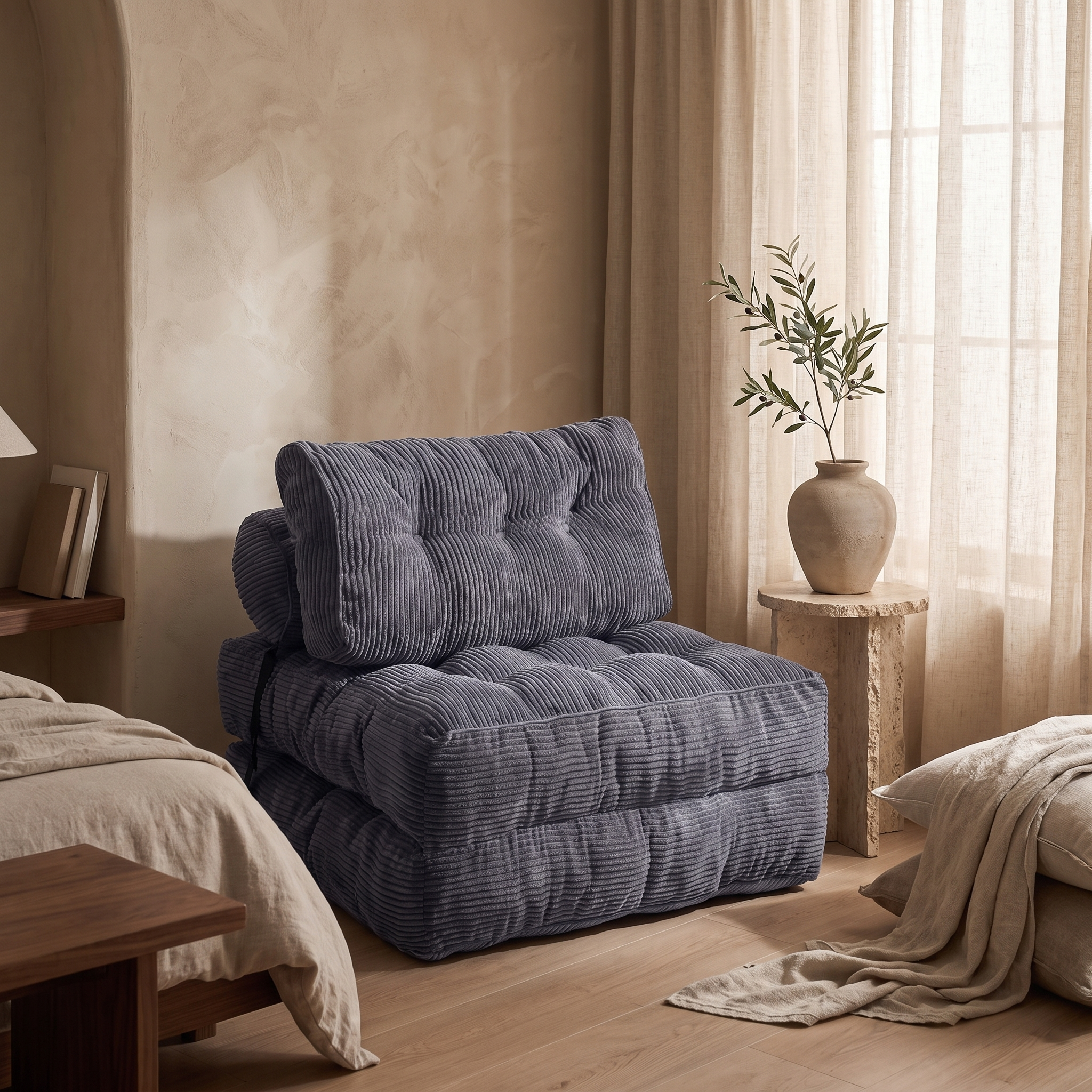 Compact corded fabric chair bed, grey, styled in a warm room scene