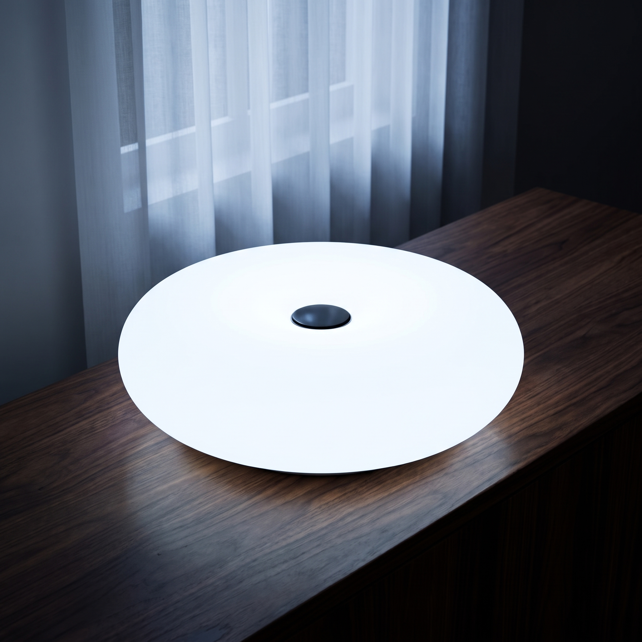 Frosted Donut Table Lamp, White, dark lit scene on walnut console