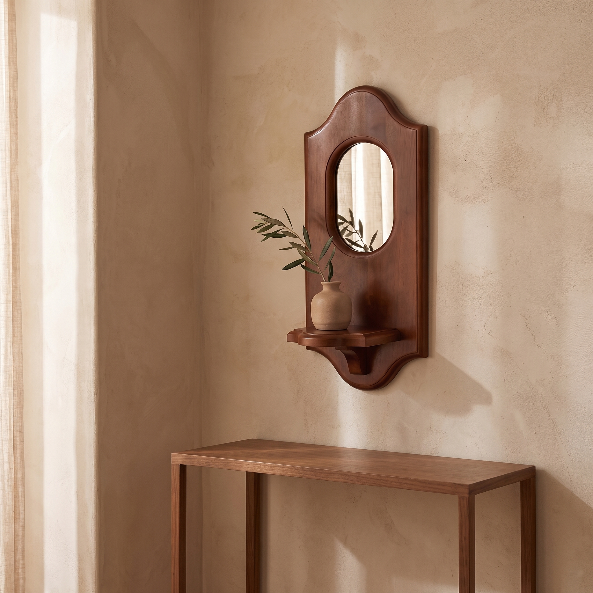 Wood Wall Mirror & Candle Shelf, plaster wall scene with olive branch