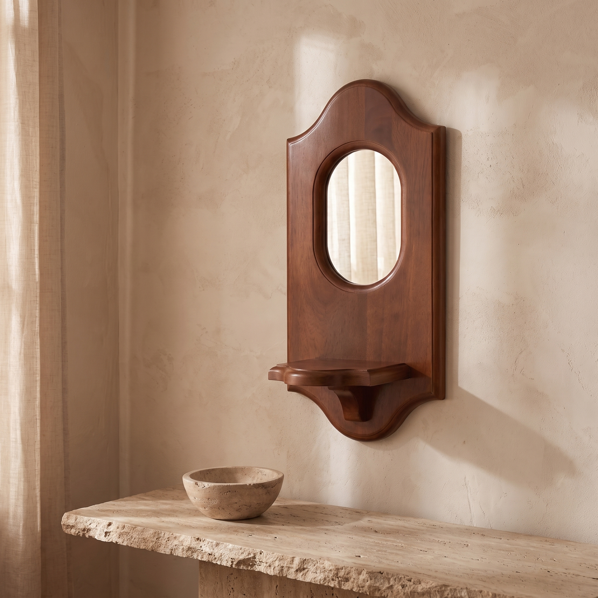 Wood Wall Mirror & Candle Shelf, travertine entryway scene