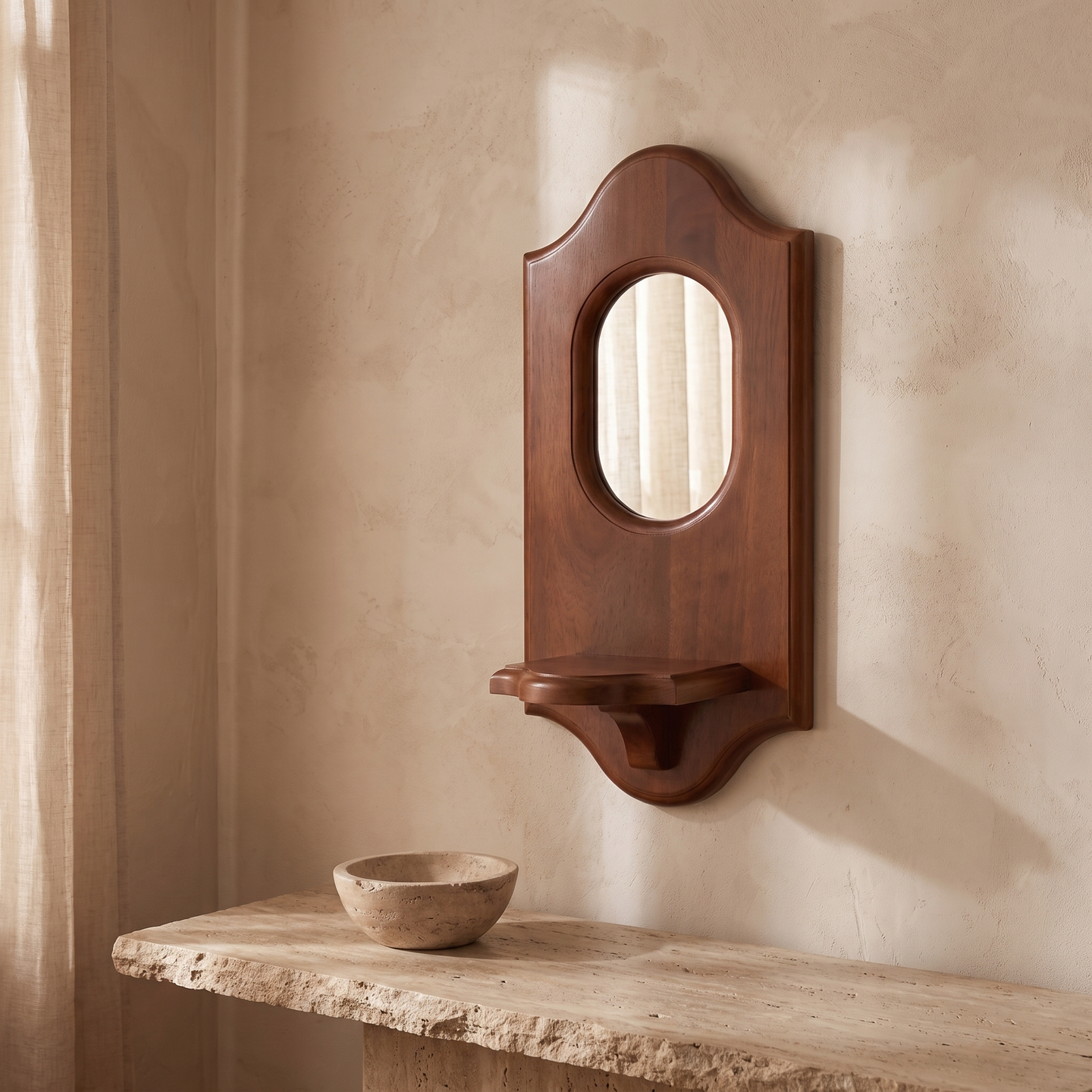 Wood Wall Mirror & Candle Shelf, travertine entryway scene