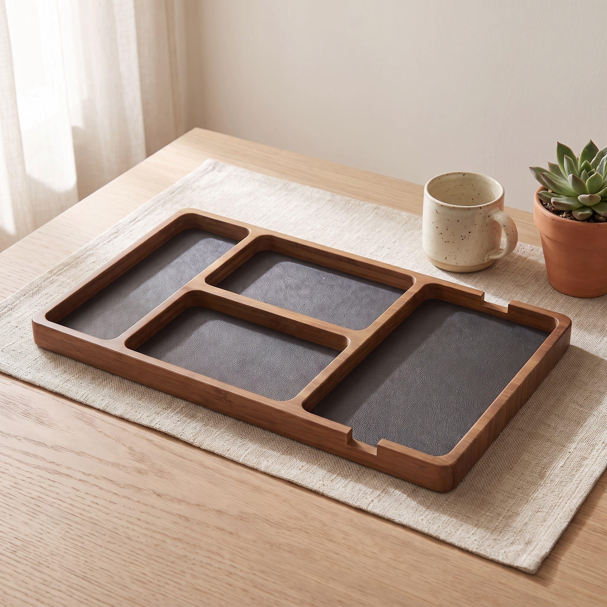 Sectioned Wood Desk Tray on a white oak desk with a ceramic mug and small plant
